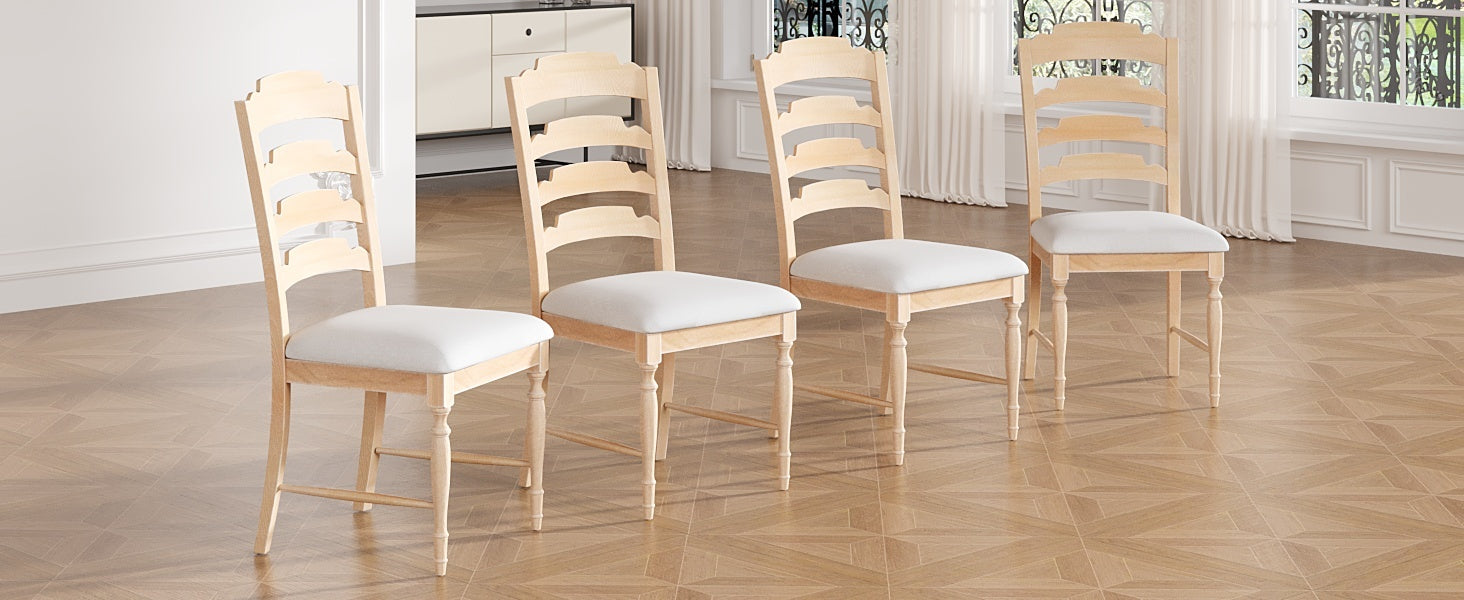 Vintage Traditional 4 Piece Upholstered Dining Chairs, Serrated Dining Backs, Natural Natural Dining Room Traditional Rubberwood Foam Rubber Wood