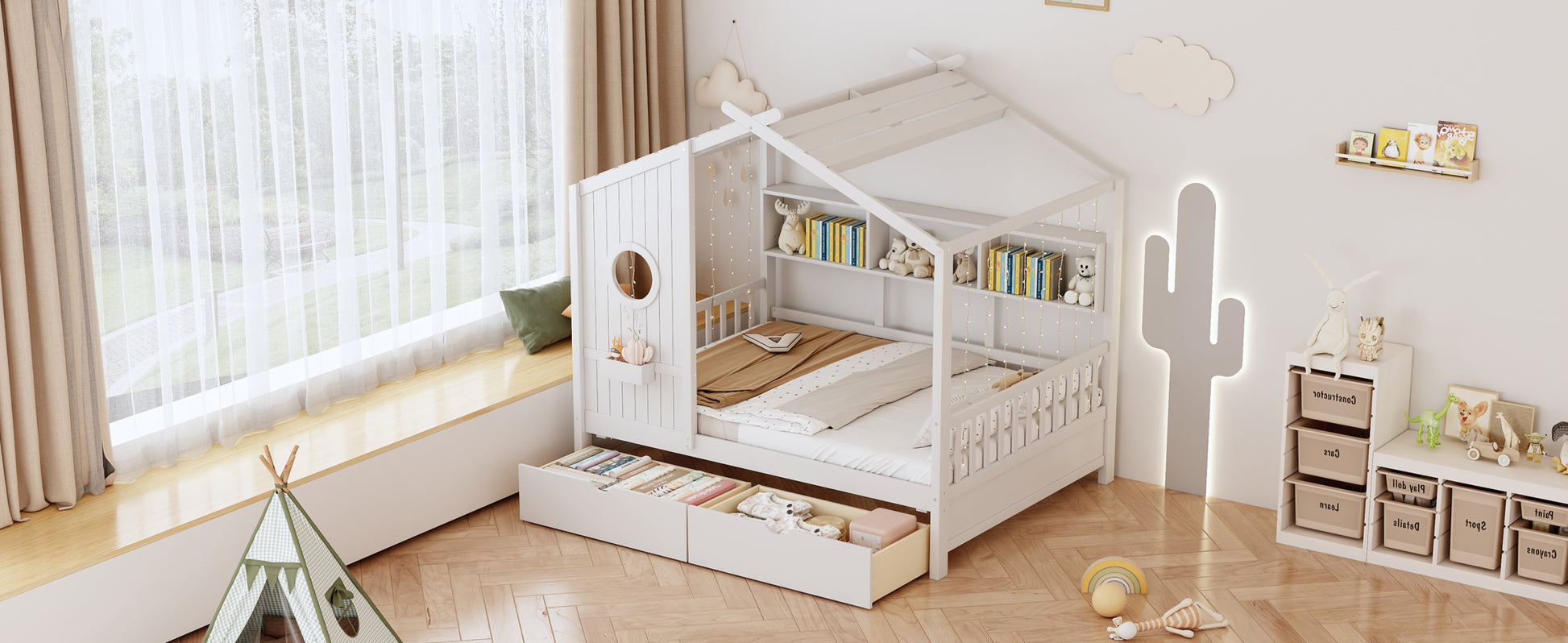 Wooden Full Size House Bed With 2 Drawers,Kids Bed With Storage Shelf, White Full White Solid Wood