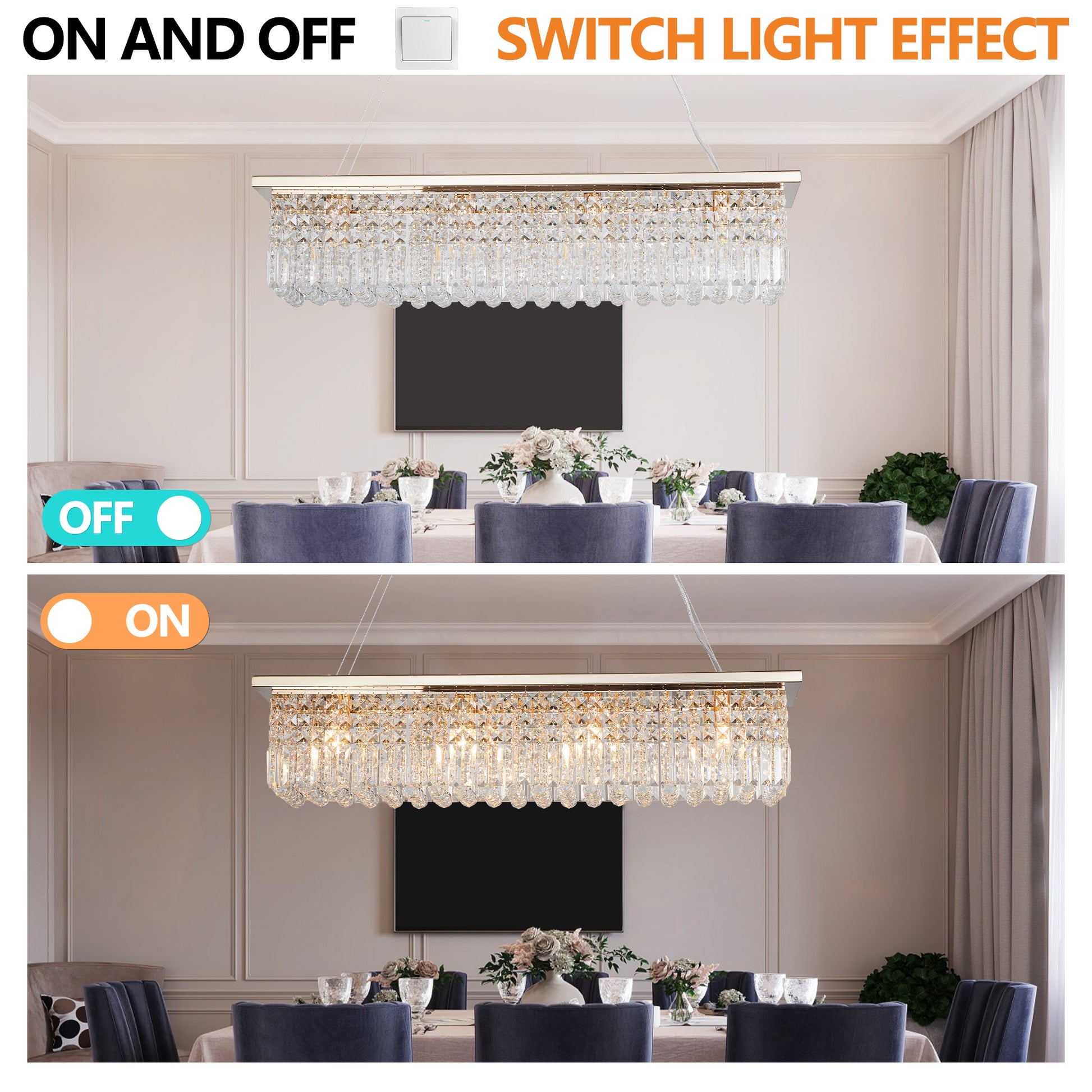 Modern Crystal Chandelier For Dining Room 8 Light Gold Rectangle Raindrop Chandelier Contemporary Rectangular Pendant Light Fixture For Kitchen Island Bar L39.4'' X W9.8'' X H8.7' Bulb Not Included Gold Crystal Iron