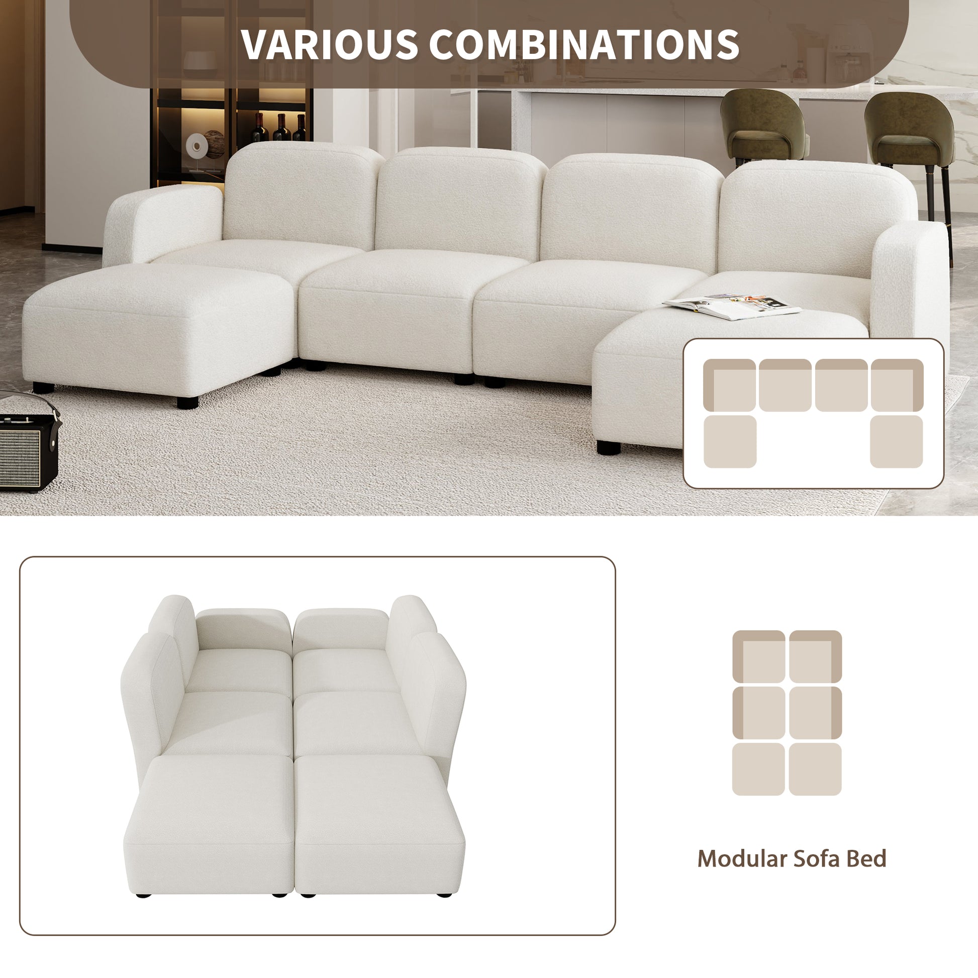 116*58" Velvet Modular Sectional Sofa,U Shaped Reversible Couch Set,Free Combination,6 Seat Sleeper Cloud Sofa Bed With Ottoman,Convertible Oversized Indoor Furniture Pieces For Living Room,Beige Beige Velvet 6 Seat