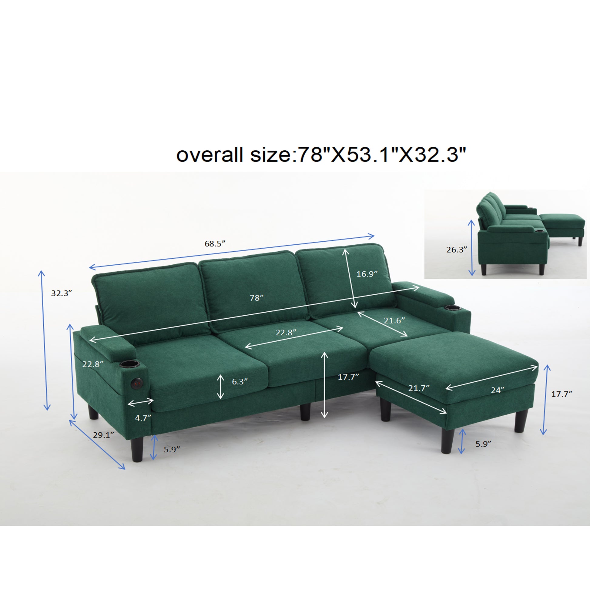 Green Color Combo Totally Kd 3 Seater Sofa With Storage Ottoman Stool For Living Room Apartment And Bedroom White Wood Primary Living Space Heavy Duty Pine 3 Seat Green Linen Medium Firm Pillow Back American Design,American Traditional,Modern Square Arms