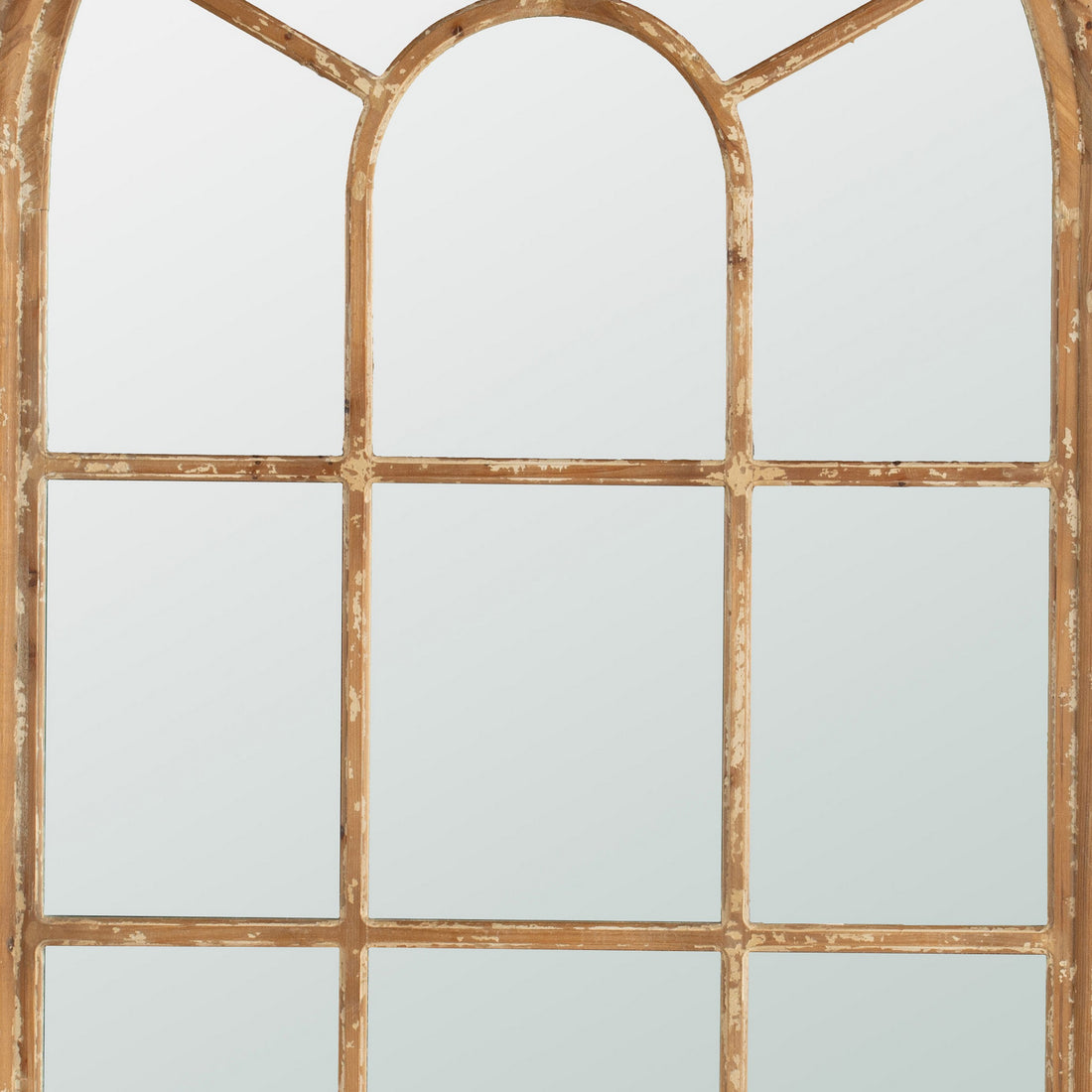 54 Inch Wall Mirror With Window Pane Design, Fir Wood, Distressed Brown Brown Wood