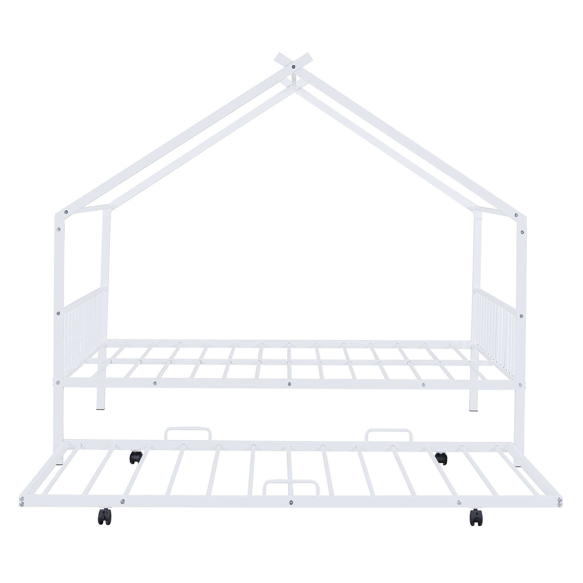 Full Size Metal House Bed With Twin Size Trundle, White Full White Metal