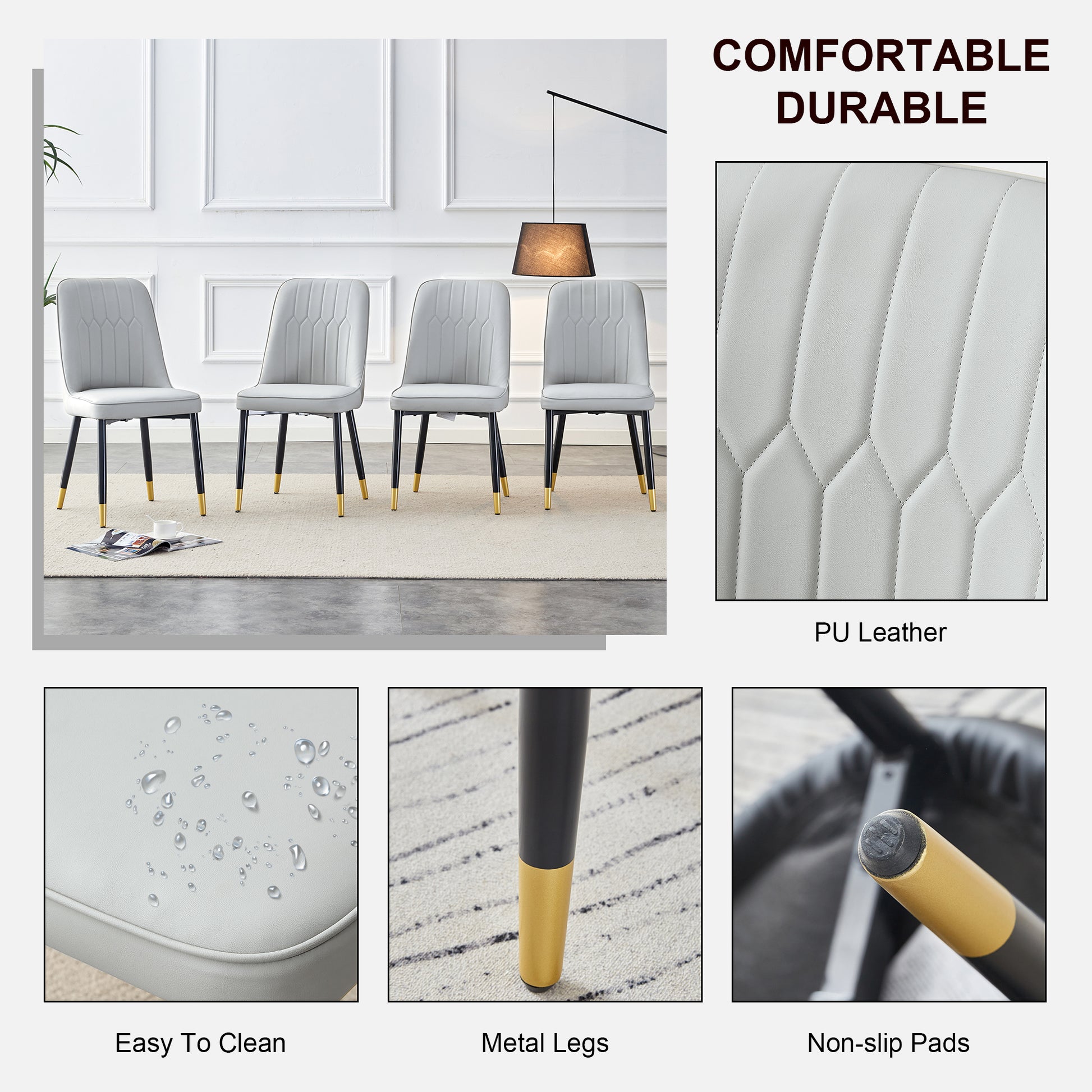 Table And Chair Set.The Table Has A Glass Top With Imitation Marble Pattern Stickers And Stainless Steel Golden Legs. Paried With Chairs With Pu Artificial Leather Backrest Cushions And Black Legs. White Gold Seats 6 Glass Metal