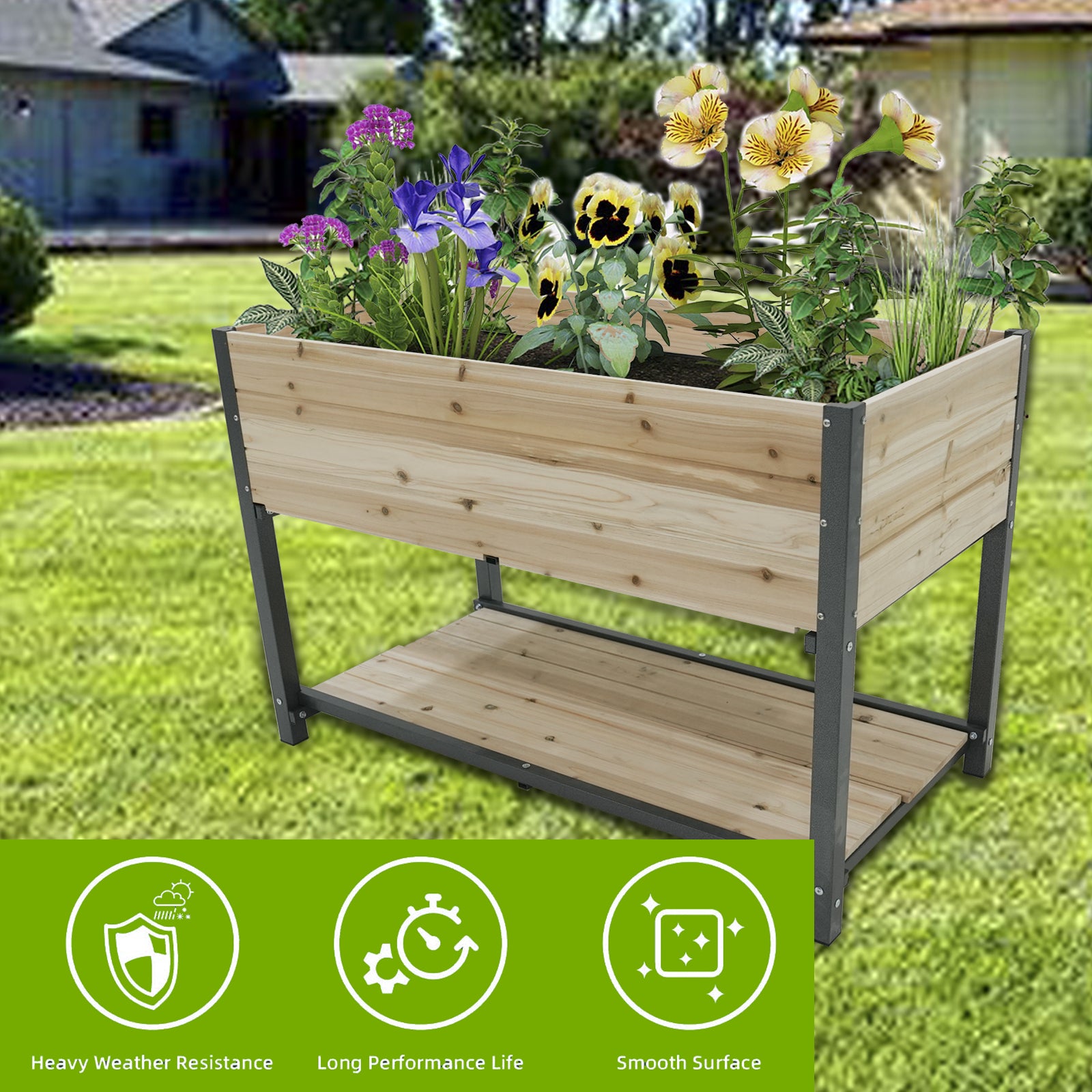 Style: 45" Iron Wood Combined Growing Beds With Feet And Storage Racks. Suitable For Various Places Such As Gardens, Backyards, Terraces, Balconies, Etc. Natural Solid Wood