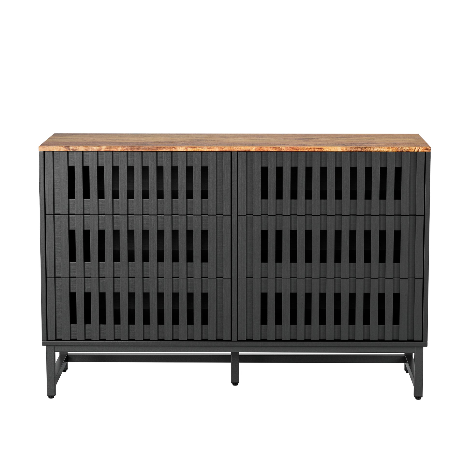 6 Drawer Double Dresser With Slatted Grille Striped Drawer, Modern Style Dresser, High Quality Mdf And Metal Leg Black Brown Mdf