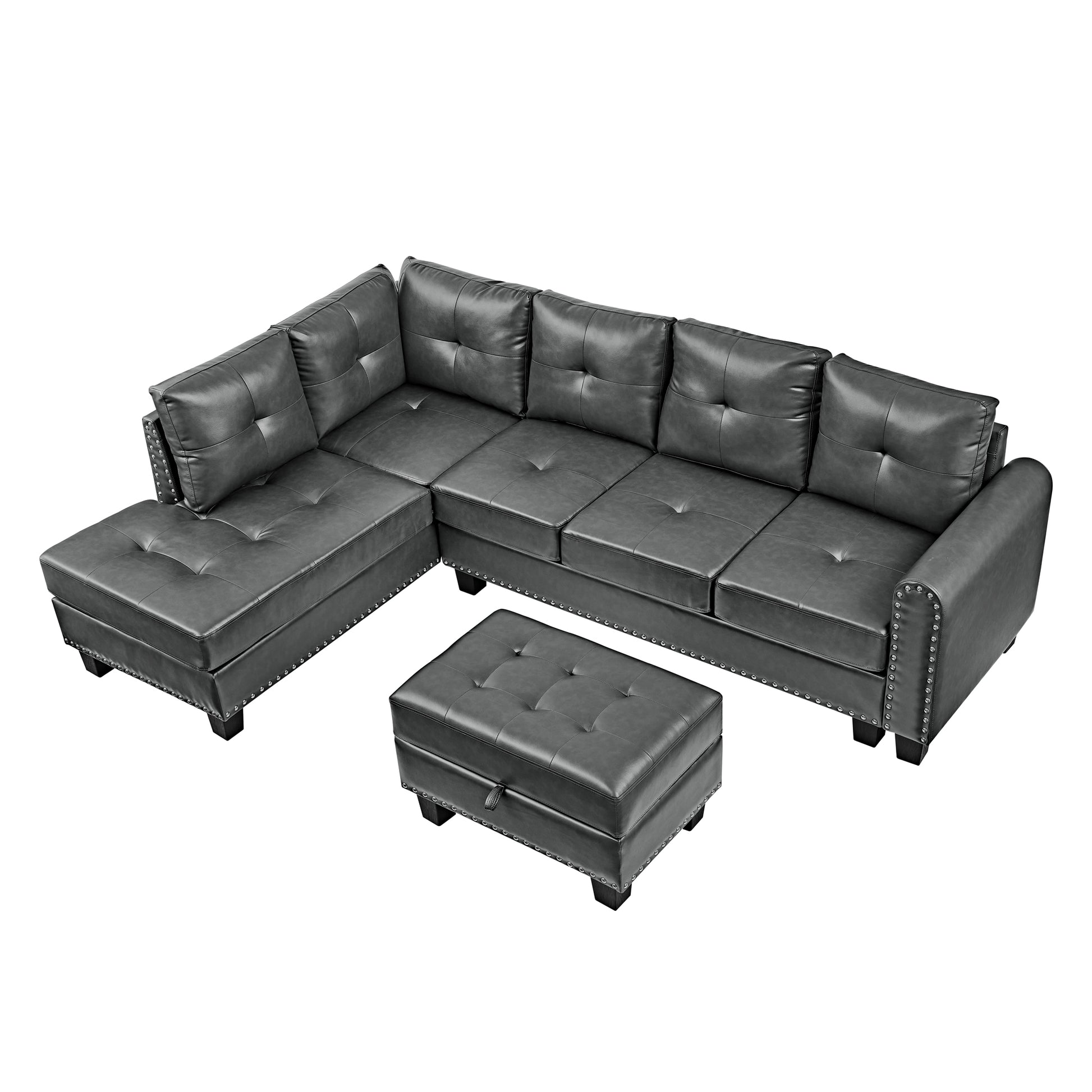 Sectional 3 Seaters Sofareversible Recliner, Storage Pad And Wood Grain Cup Holder, Non Slip Leg, Pu, Grey Gray Pu 3 Seat