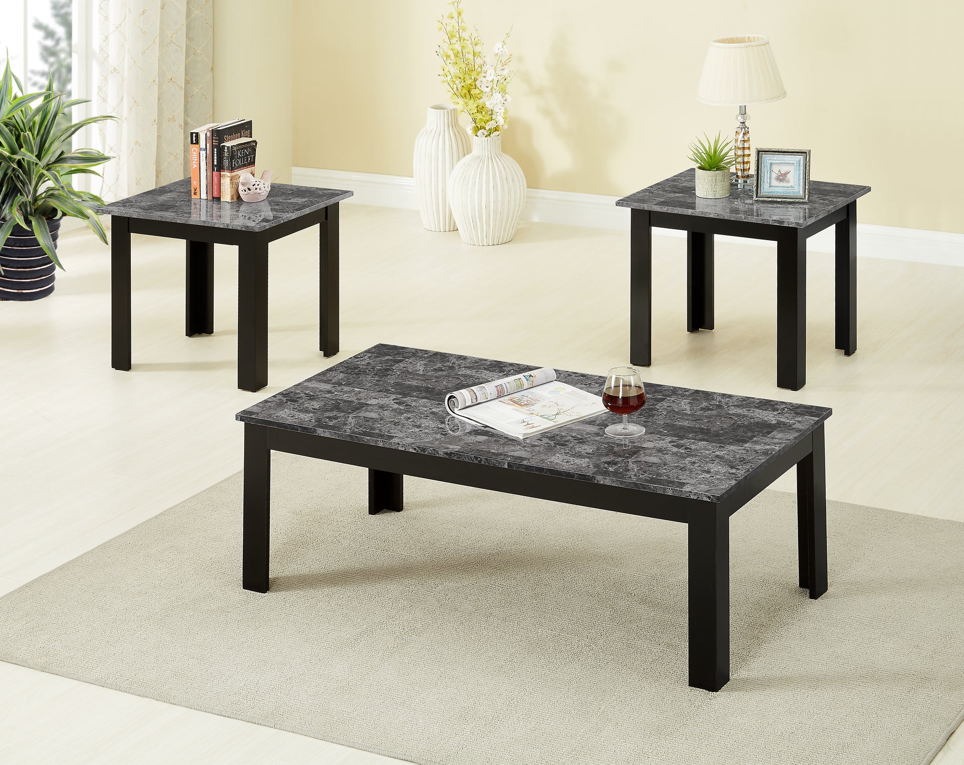 3Pc Set Traditional Style Rectangular Coffee Table Square Shape End Table Wooden Legs Black Finish Faux Marble Top Wooden Furniture Gray Finish Gray Gray Primary Living Space Traditional Rectangular