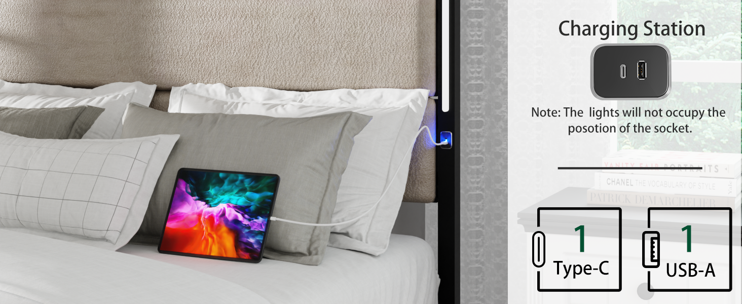 King Size Bed Frame With Upholstered Headboardqueen Bed Frame With Charging Station And Led Lights, Wood Slats, Easy Assembly,No Box Spring Needed,Industrial Brown Box Spring Not Required King Brown Metal Bedroom Bed Frame Mdf Metal