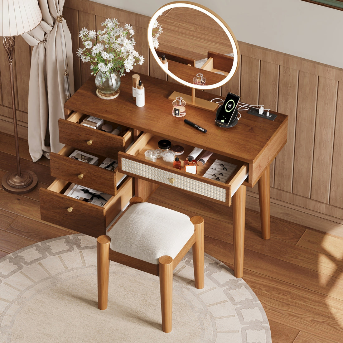 39" Retro Bohemian Style Wooden Makeup Vanity Set With Charging Plug&Usb Port And Stool, Dressing Table With 3 Storage Drawers And 1 Rectangular Rattan Drawer, Walnut Walnut 4 Drawers Wood