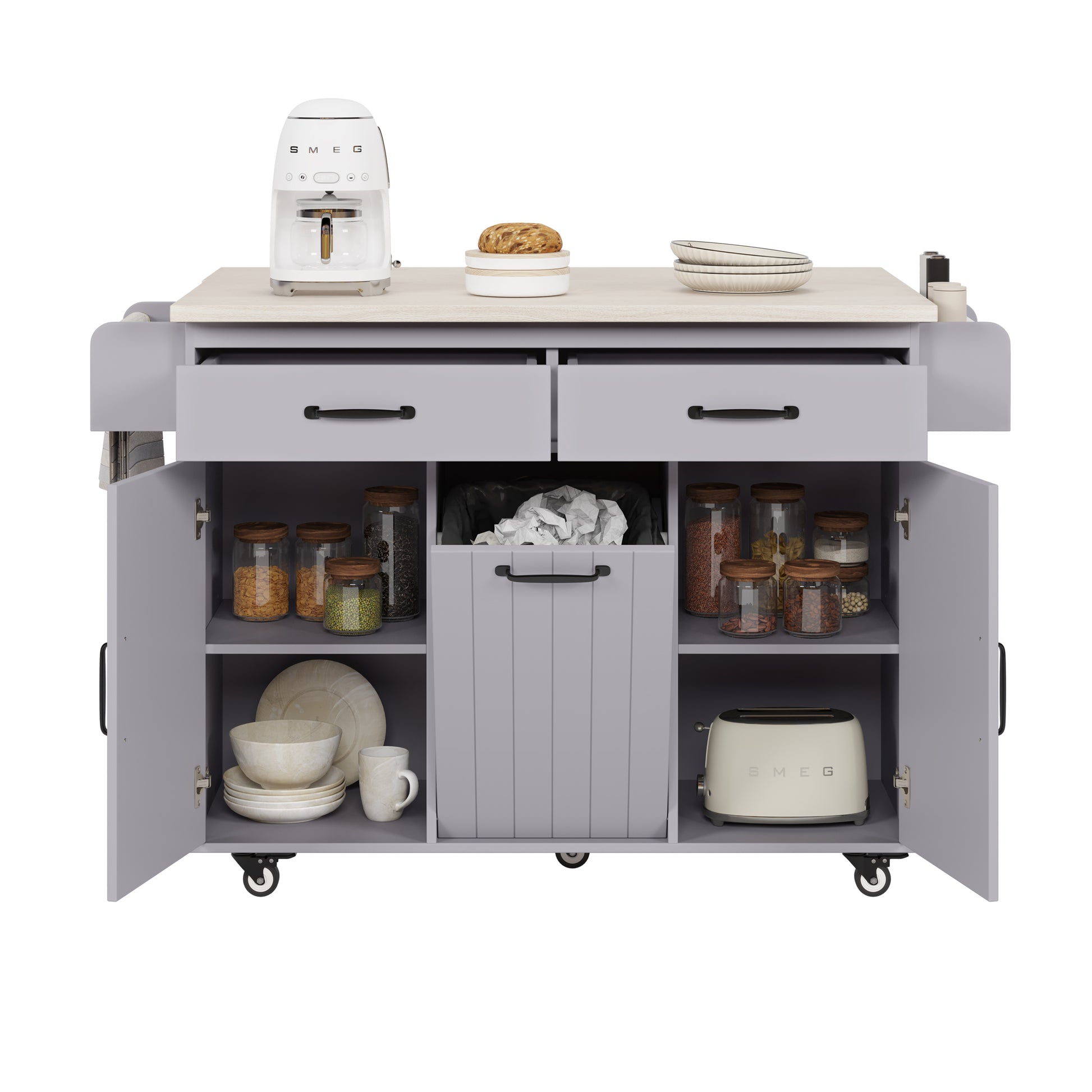 K&K Kitchen Island With Trash Can Storage Cabinet, Kitchen Cart With Drop Leaf, Spice Rack, Towel Rack And Drawer, Rolling Kitchen Island On Wheels With Adjustable Shelf, Grey Grey Gray Kitchen