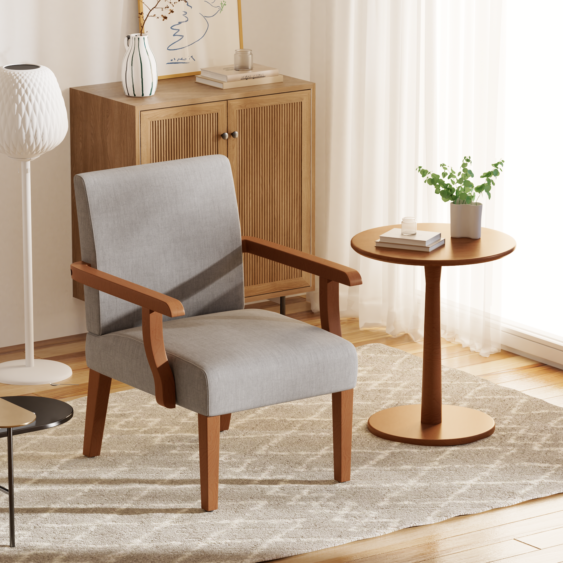 Fabric Accent Arm Chair Set Of 2 With Round Wood Table Light Gray Fabric