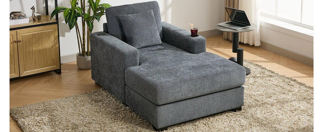 39.7" Oversized Chaise Lounger Modern Style Sofa Couch ,With Pillows, Charge Station & Cup Holders, Chenille Fabric, Blue Gray Blue Gray Chenille