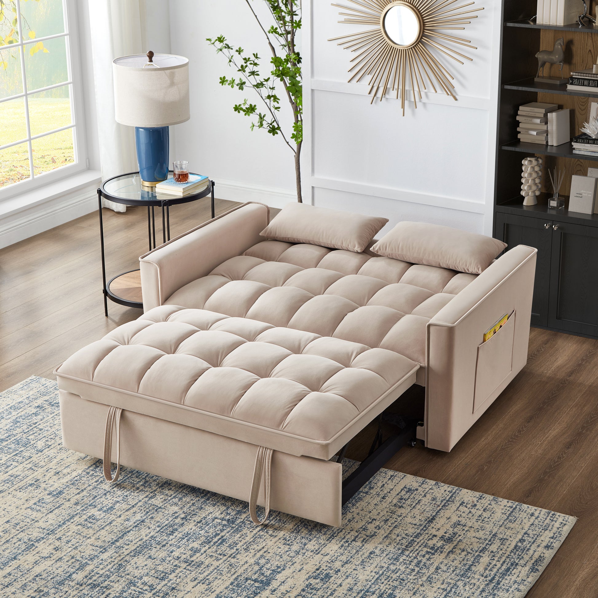 4 In1 Loveseat Sofa Bed With Armrests & Storage Pockets, Multi Function Tufted Pull Out Sofa Bed With Adjustable Backrest And Pillows, Convertible Loveseat Sofa Couch,Taupe Taupe Velvet Primary Living Space Medium Soft Tufted Back American