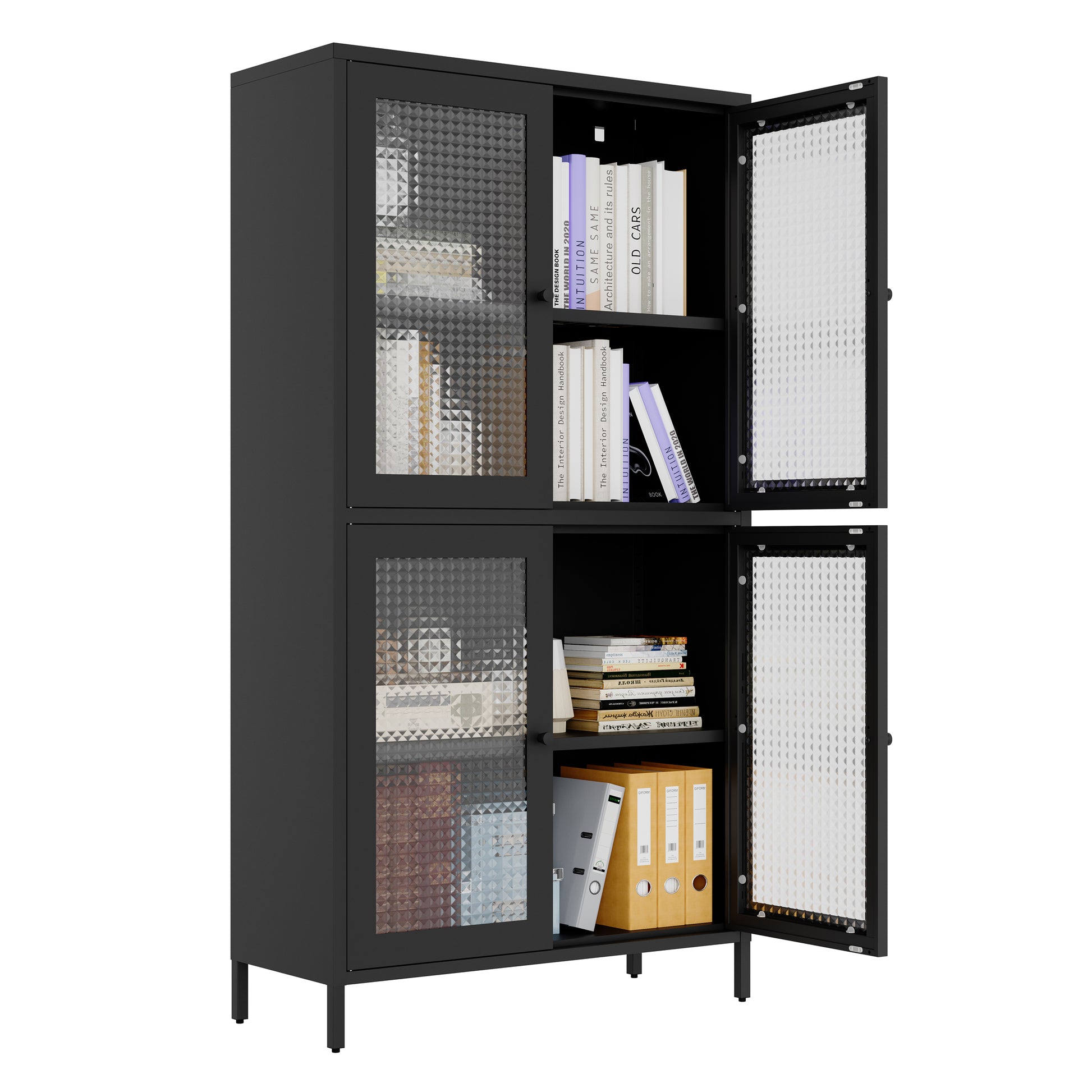 Classic Metal Storage Cabinet Display Cabinet With 4 Glass Doors 4 Shelves Cabinet Bookcase Side Cabinet For Home Office Living Room Kitchen Hallway Black, Waffle Grids Tempered Glass Freestanding 3 4 Shelves Black Office Glass Doors Classic Steel