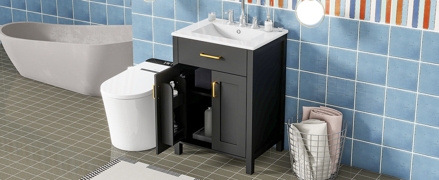 24"Bathroom Vanity Combo With Ceramic Sink, Luxurious Space Saving Vanity W24"*D18"*H34"Inch, 2 Soft Close Doors Black Bathroom Solid Wood Mdf