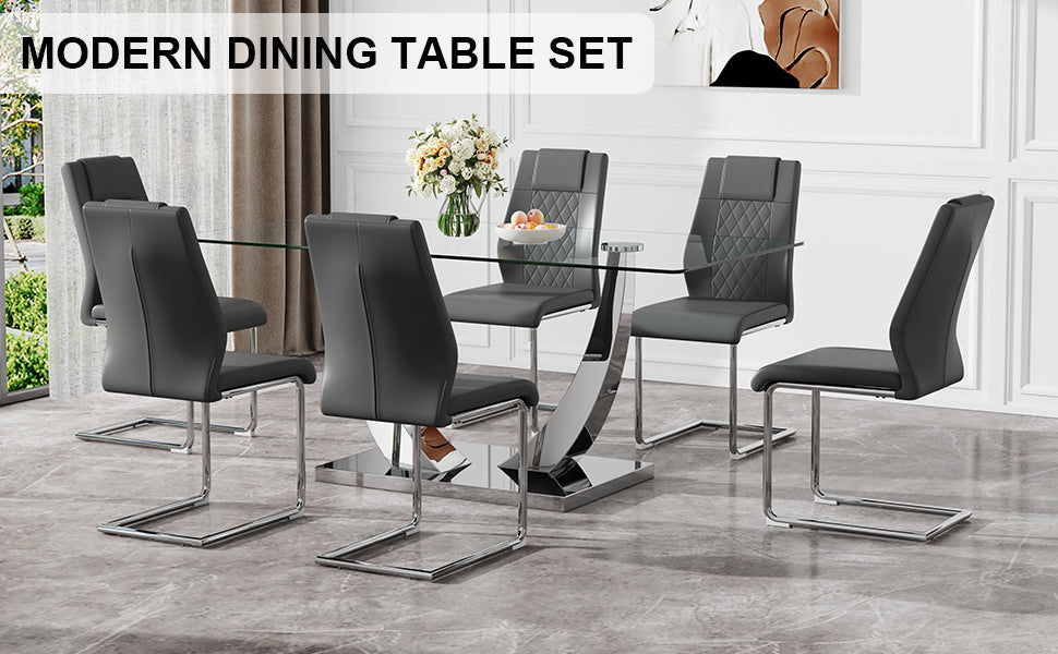 Table And Chair Set.Contemporary, Minimalist Rectangular Dining Table Featuring A Clear Tempered Glass Top And Sleek Silver Legs. Paried With Chairs Made Of Pu Material Cushion And Silver Metal Legs. Gray Seats 6 Glass Metal