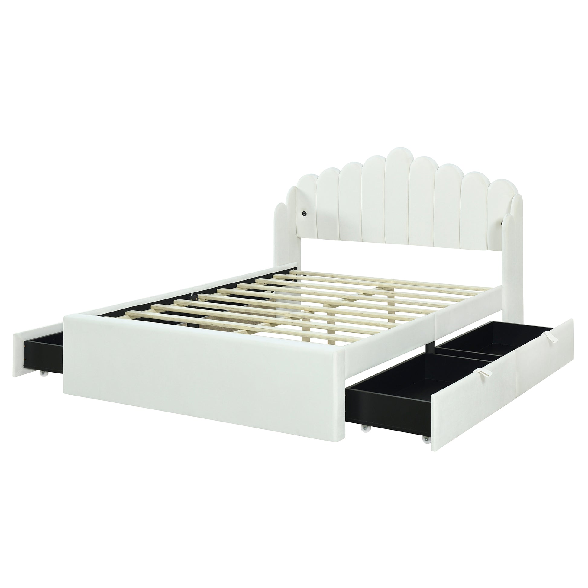 Full Size Upholstered Platform Bed With 4 Drawers And 2 Usb, Beige Box Spring Not Required Full Beige Wood Bedroom Bed Frame Polyester Upholstered