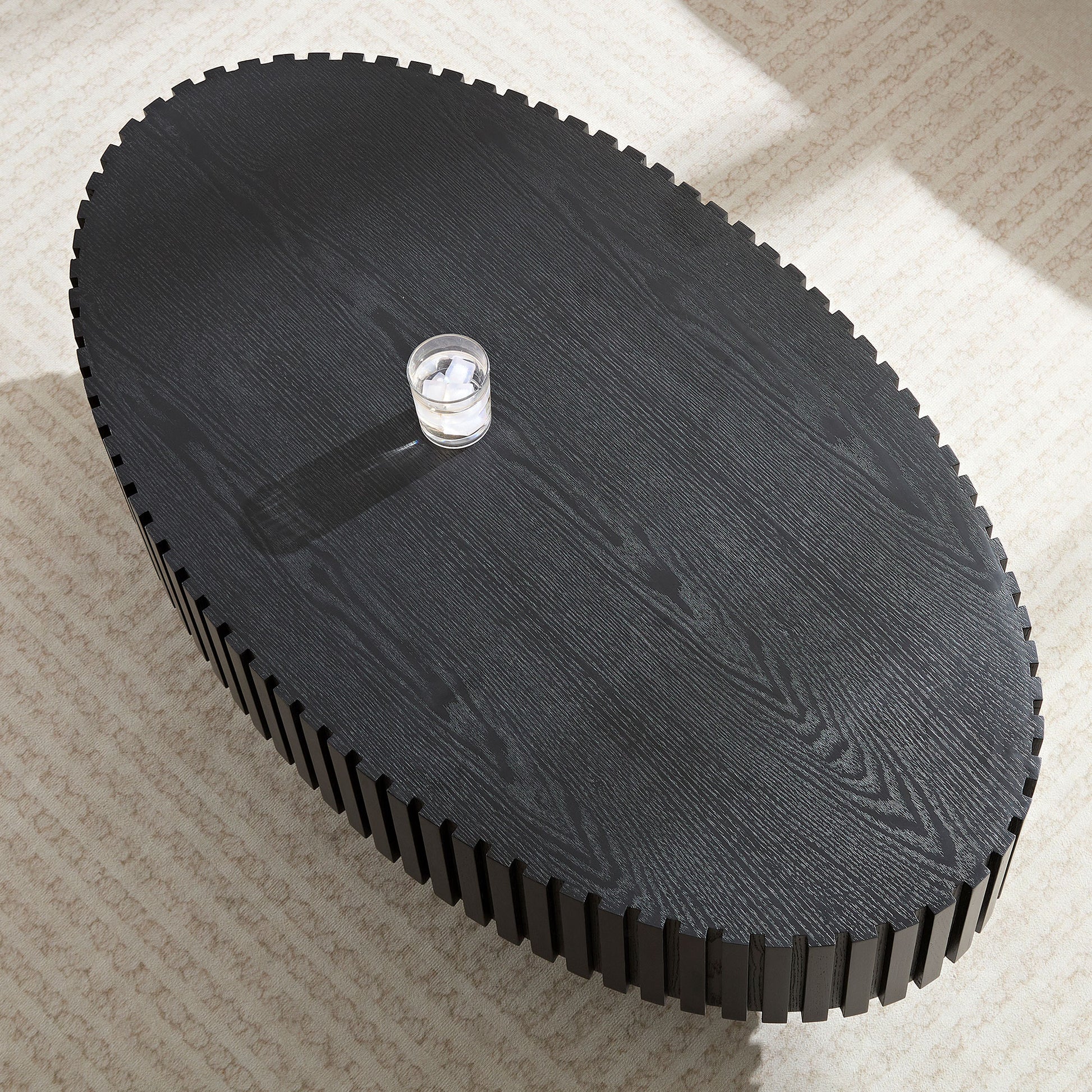 Modern Handcraft Drum Coffee Table Length 43.7 Inch Ellipse Coffee Table For Living Room,Small Coffee Table With Sturdy Pedestal,Black Mdf Matt Black Mdf