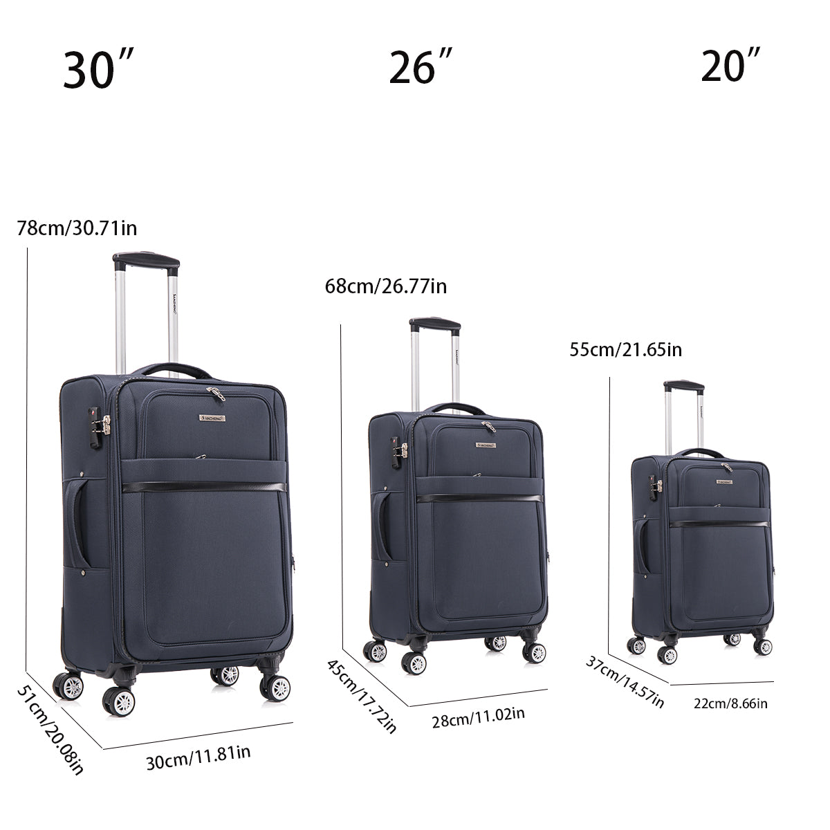 3 Piece Fabric Soft Luggage Set With Swivel Wheels And Password Lock, Dark Blue, 20 26 30 Inches Dark Blue Fabric