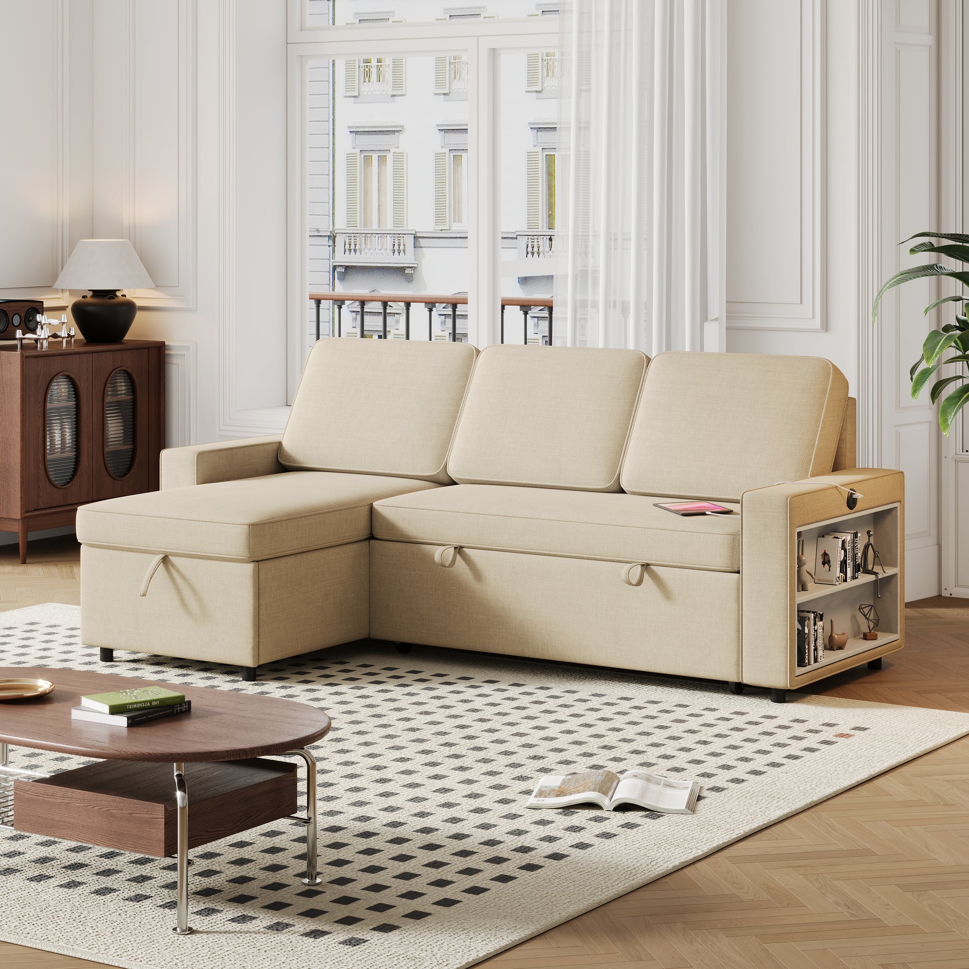 85.8" Pull Out Sleeper Sofa L Shaped Couch Convertible Sofa Bed With Storage Chaise And Storage Racks,With Usb Port And T Pyce Port Beige Fabric 3 Seat