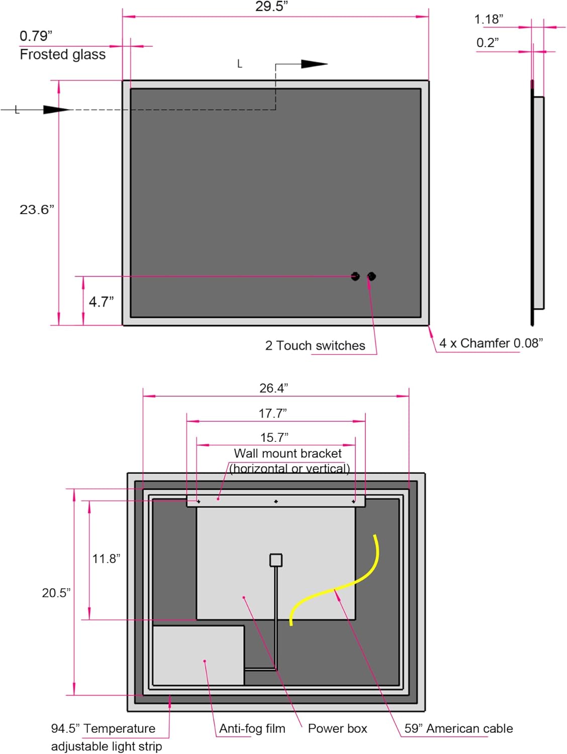 24" W X 30" H Modern Wall Mounted Led Backlit Anti Fog Rectangular Bathroom Mirror With Us Standard Plug, Temperature Adjustable And Memory Function Touch Switch White Glass