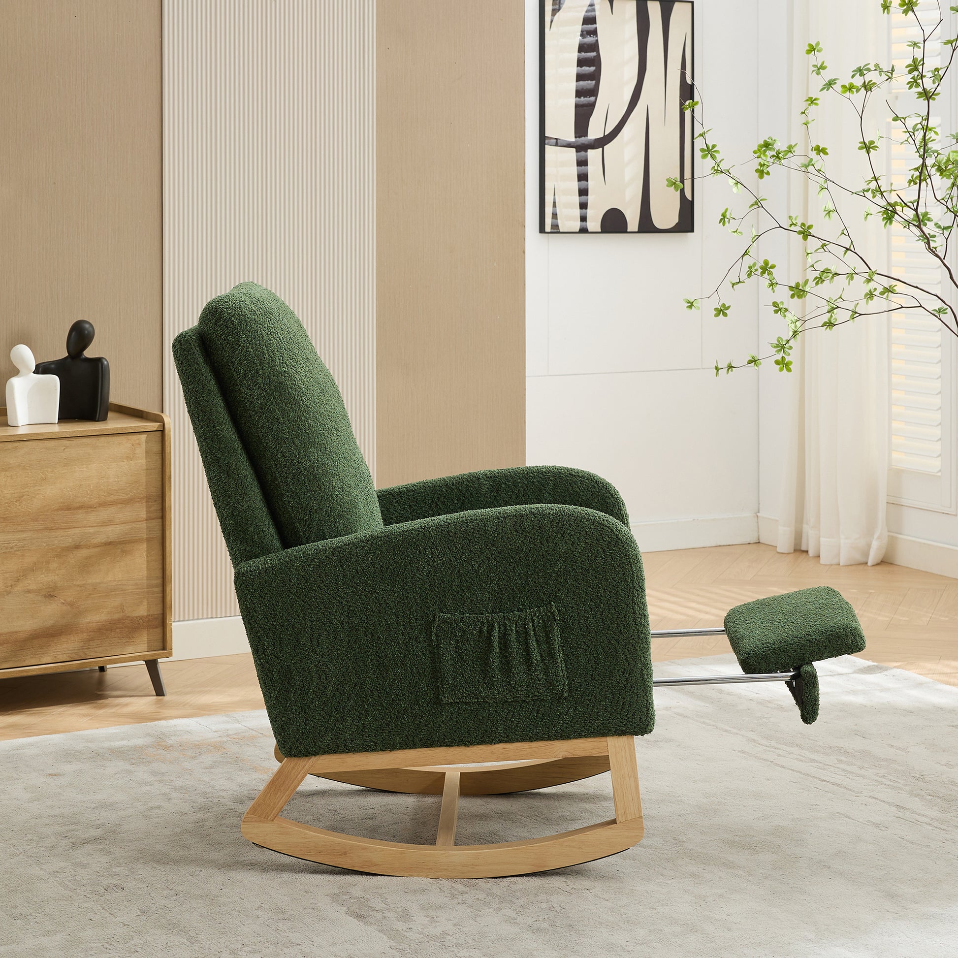 25.4"W Rocking Chair For Nursery, High Back Glider Chair With Retractable Footrest, Side Pocket, Rocking Accent Armchair With Rubber Wood Legs For Living Room Bedroom.Green Green Boucle