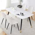 Table And Chair Set, White Imitation Marble Texture Rock Board Table Top, Black Metal Table Legs.Paired With 4 White Artificial Leather Backrest Cushion Dining Chairs With Black Metal Legs. White Black Seats 4 Metal