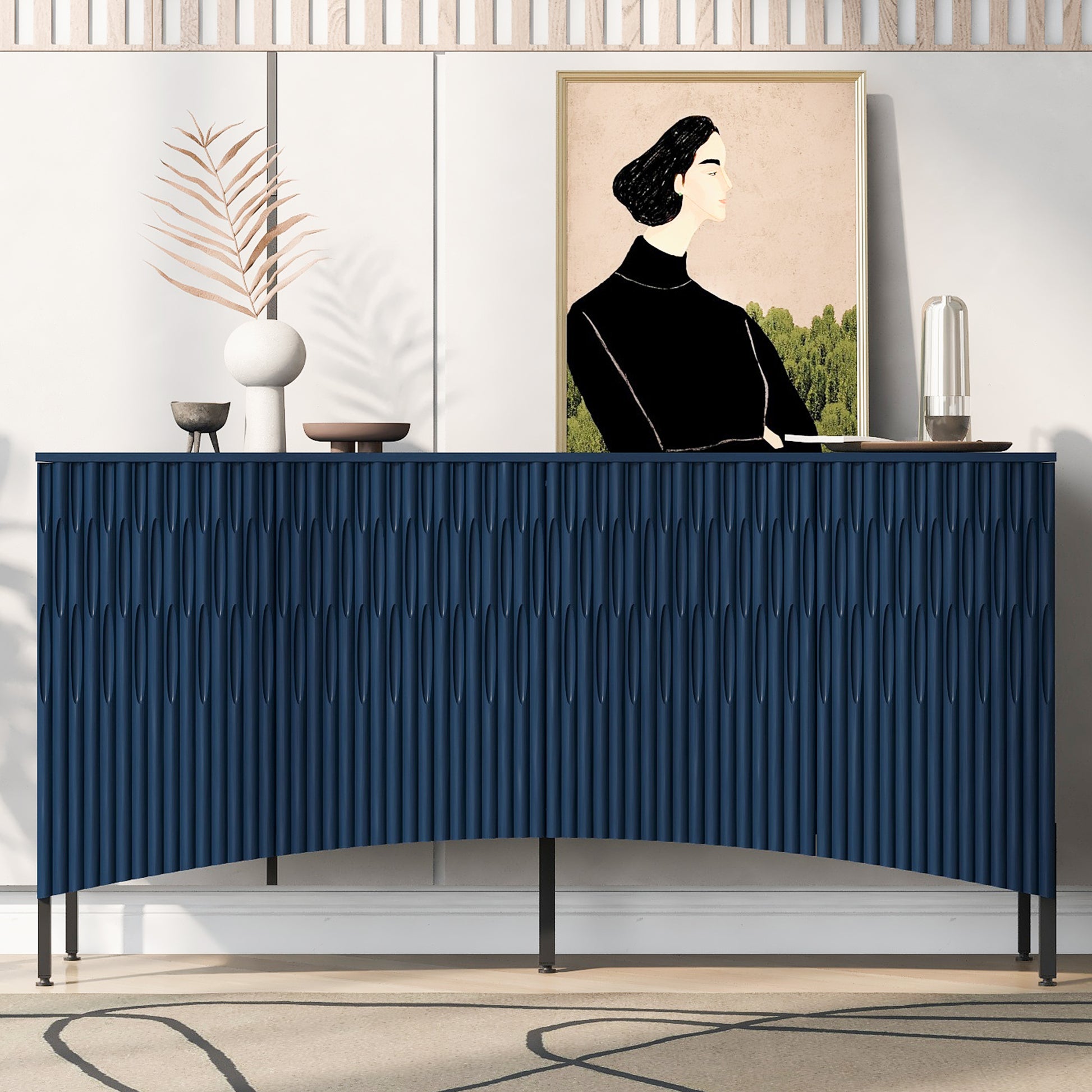 Elegant Sideboard Featuring Curved Bottom Doors With Arched Groove Design In A Stylish Four Door Layout,Suitable For Living Rooms,Entrance And Study Navy Blue Primary Living Space American Design Mdf