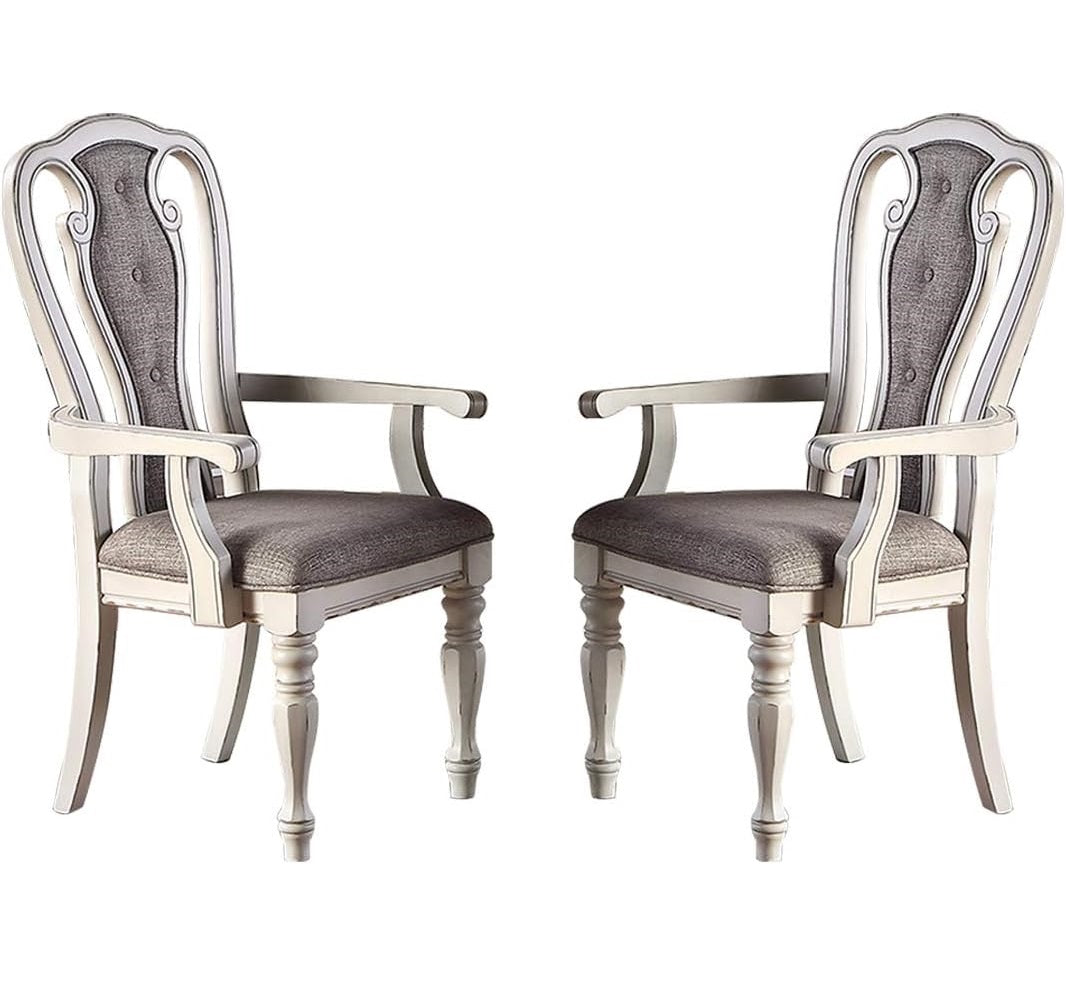 Antique White Set Of 2Pc Dining Arm Chairs Upholstered Tufted Unique Design Chairs Back Cushion Seat Dining Room Antique White,Grey Dining Room Contemporary,Transitional Dining Chairs Rubberwood Tufted Back Solid Wood