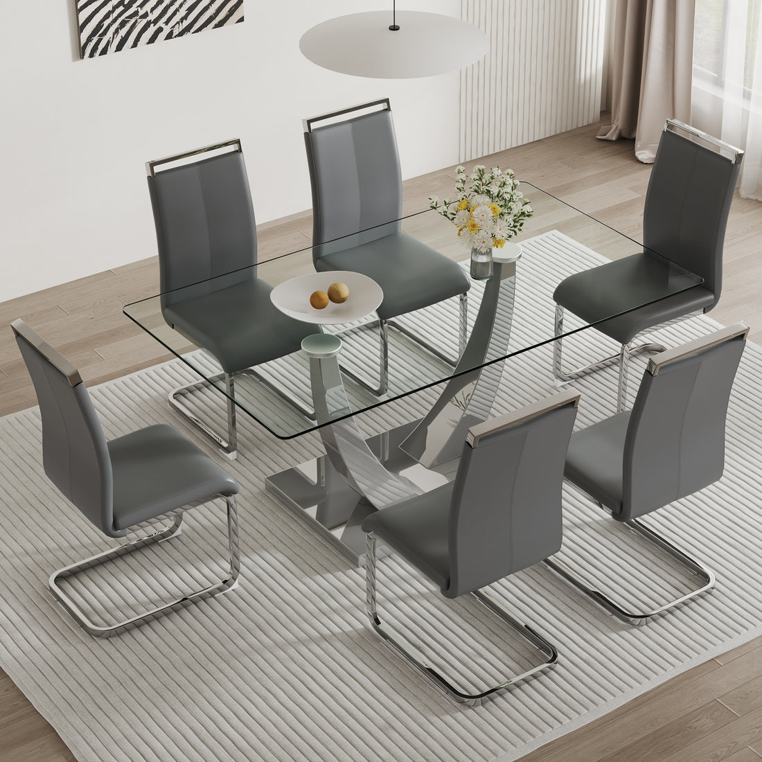 Table And Chair Set. Large Modern Rectangular Table With Glass Top And Silver Metal Legs. Furnished With Soft And Comfortable Pu Chairs With Faux Leather Upholstered Seats And Silver Metal Legs. Gray Silver Seats 6 Glass Metal