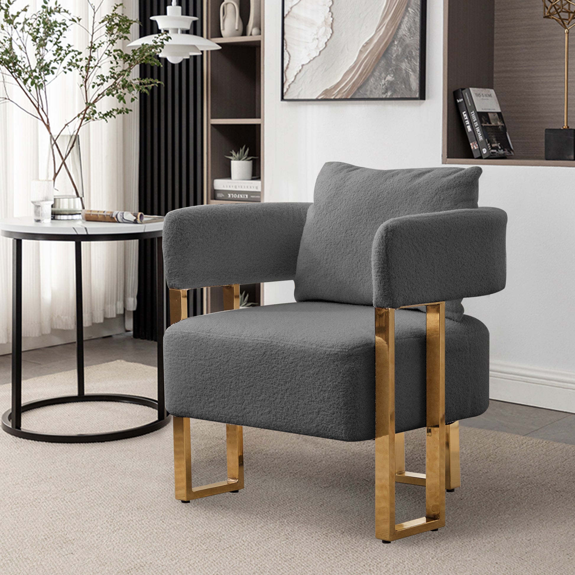 Ts Modern Decorative Chair, Living Room Side Chair With Gold Metal Legs, No Wheels, Suitable For Dressing Area, Reception Room, Office,Teddy Fleece Upholstered Metal Foot Sofa 1Pc Grey Grey Teddy