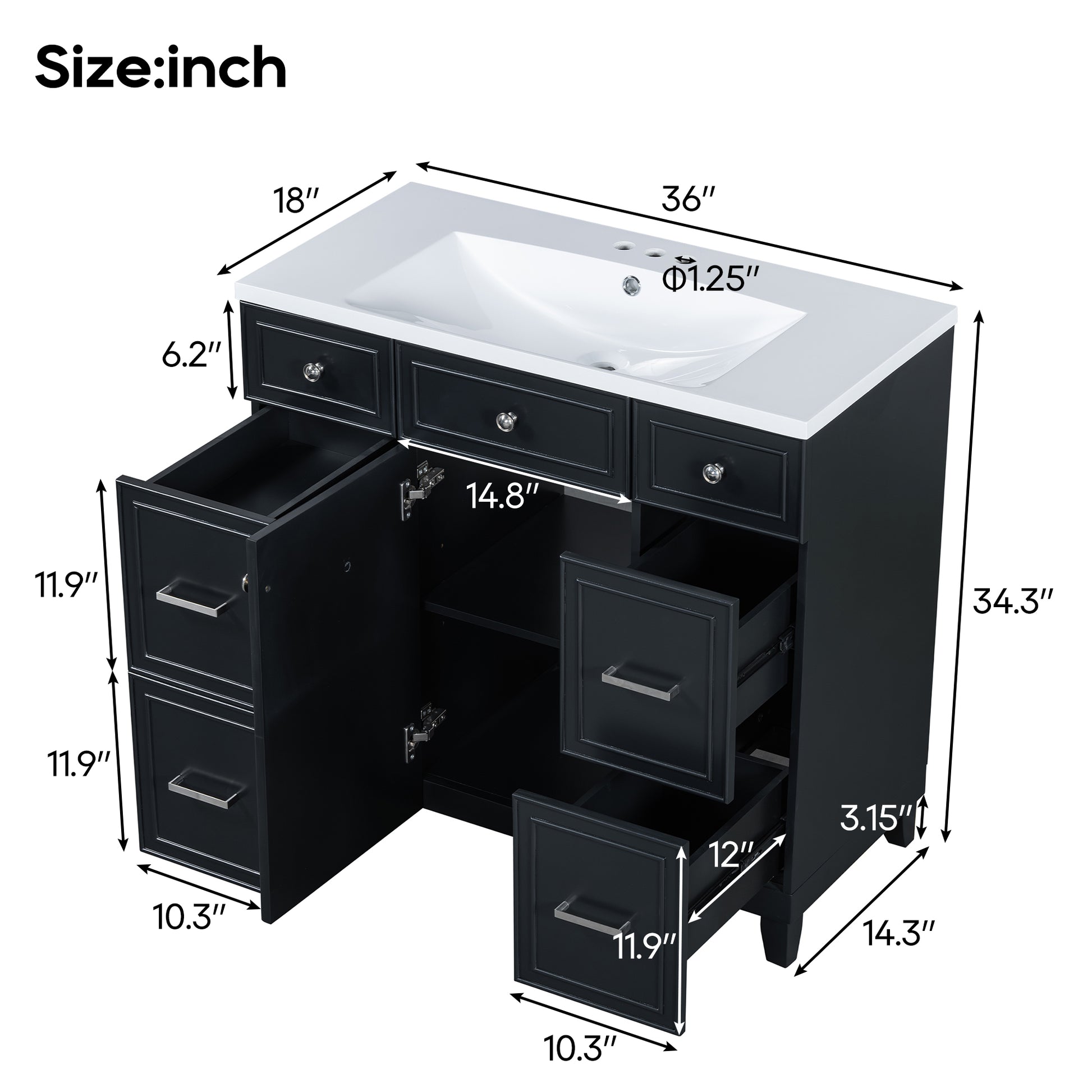 36" Bathroom Vanity Cabinet With Sink Top Combo Setblack ,Single Sink,Shaker Cabinet With Soft Closing Door And 3 Drawers Black Bathroom Solid Wood Mdf Resin