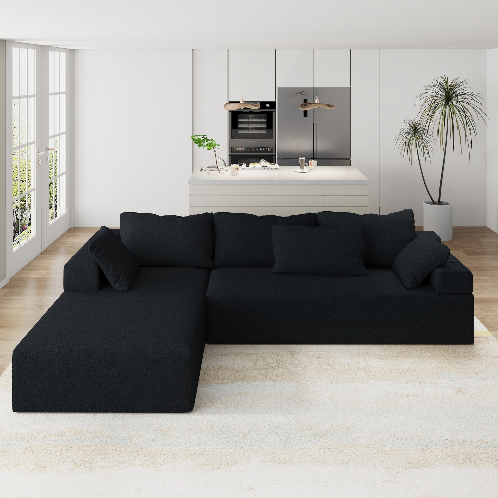 Modern Upholstered Sectional Sofa Couch Set,Modular 108" L Shaped Sectional Living Room Sofa Set With 6 Pillows,Free Combination Sofa Couch For Living Room,Bedroom Left Chaise Black Foam Chenille 3 Seat