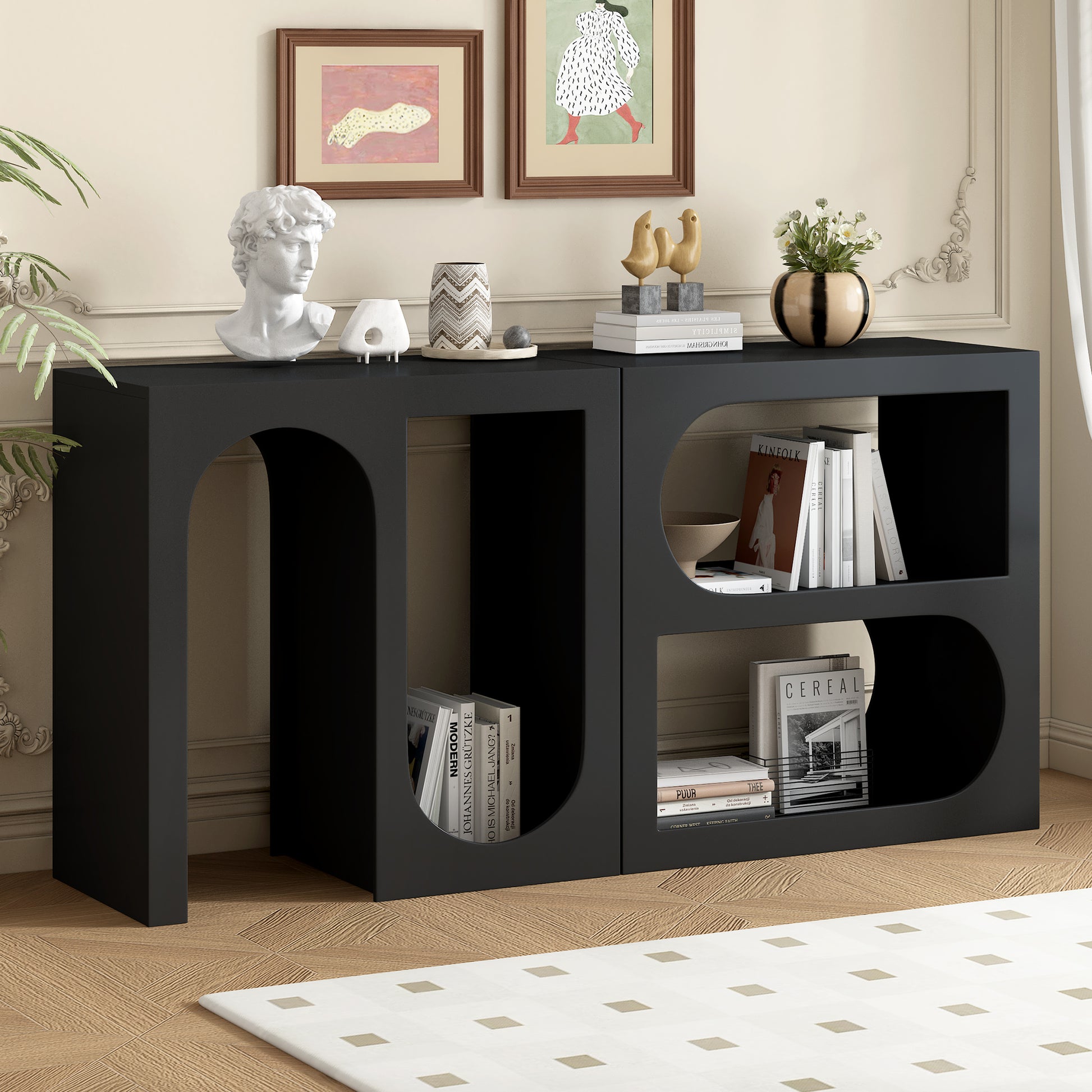 Modular Entryway Console Table With Rectangular Exterior And Curved Interior Design For Customizable Arrangements,Suitable For Study,Entrance And Living Room Black Primary Living Space American