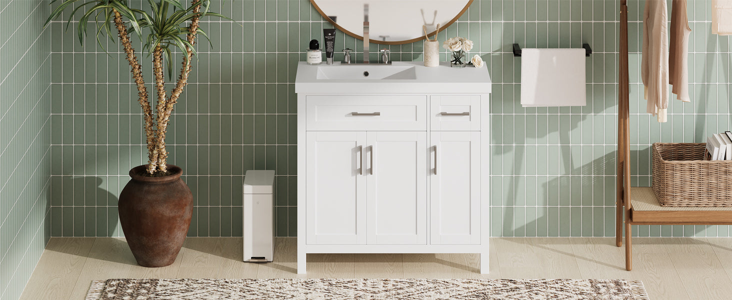 36" White Bathroom Vanity Cabinet With Resin Integrated Sink 2 Drawers, 3 Doors White Bathroom Solid Wood Mdf Resin