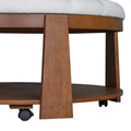 Modern Large Round Ottoman Coffee Table 2 Tier Oversized Button Tufted Ottoman With Wood Shelf Storage Upholstered Coffee Table For Living Room Footrest Ottoman With Wheel, Waterproof Linen Ivory White Rubber Wood