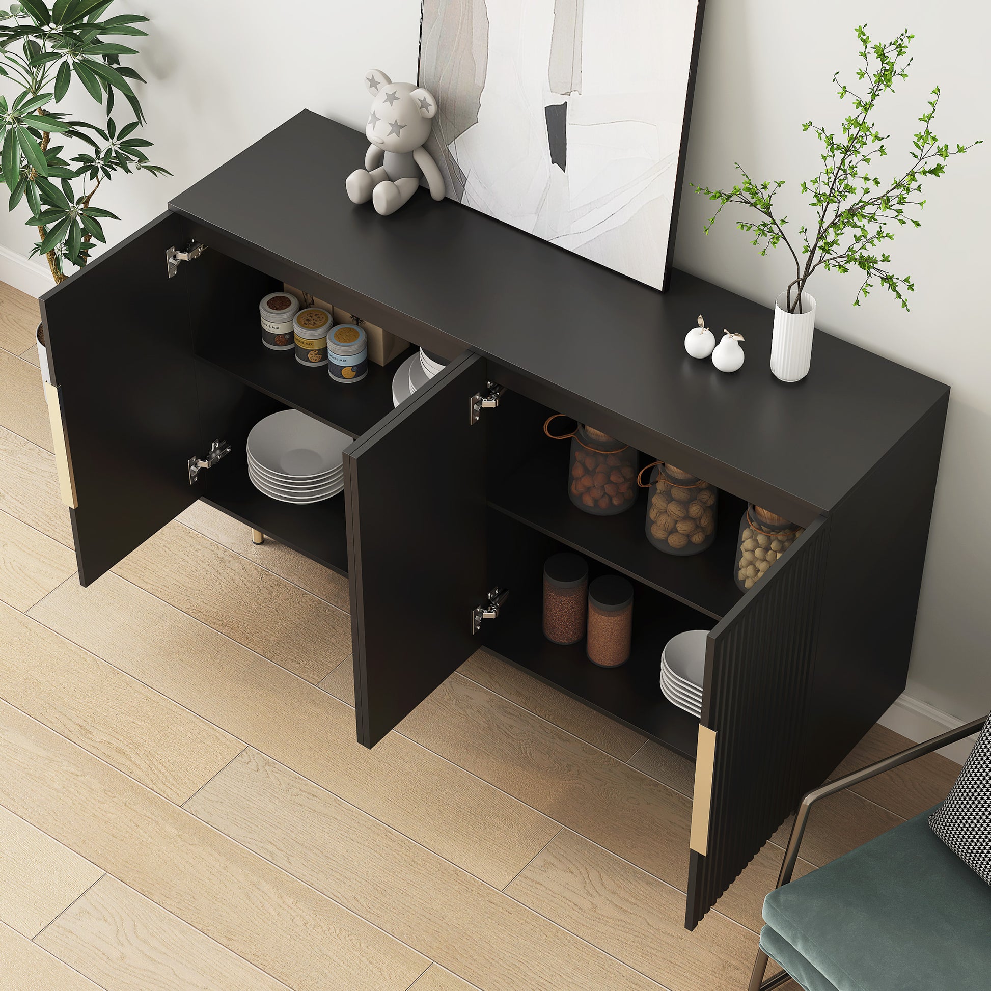 Black Modern Buffet Cabinet With Storage, Fluted Sideboard Large Buffet With Adjustable Shelves, Credenza, Accent Cabinet Console Table Black Mdf