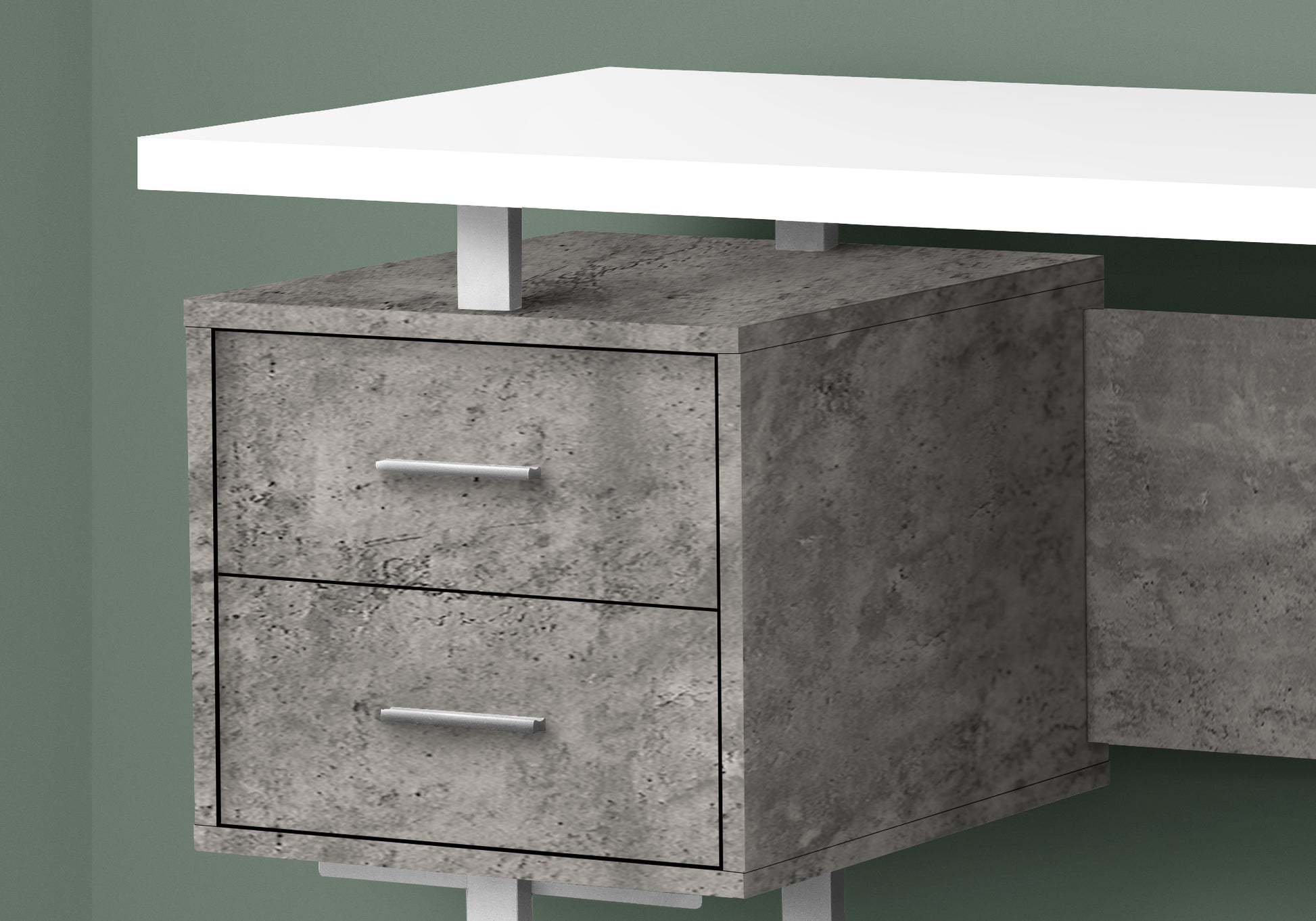 Computer Desk, Home Office, Laptop, Left, Right Set Up, Storage Drawers, 60"L, Work, White And Grey Concrete Laminate, Grey Metal, Contemporary, Modern White Particle Board