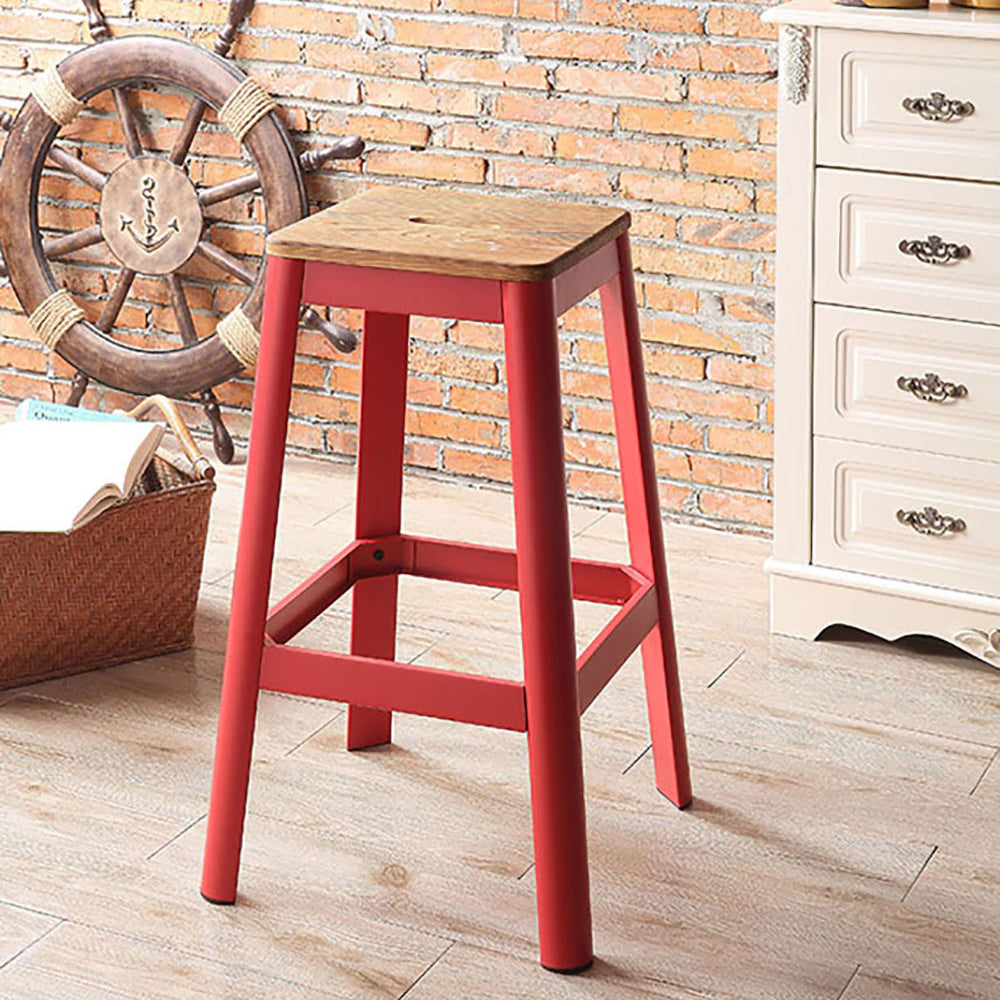 Natural And Red Armless Bar Stool With Crossbar Support Red Bedroom Farmhouse Pine 1 Wood Metal