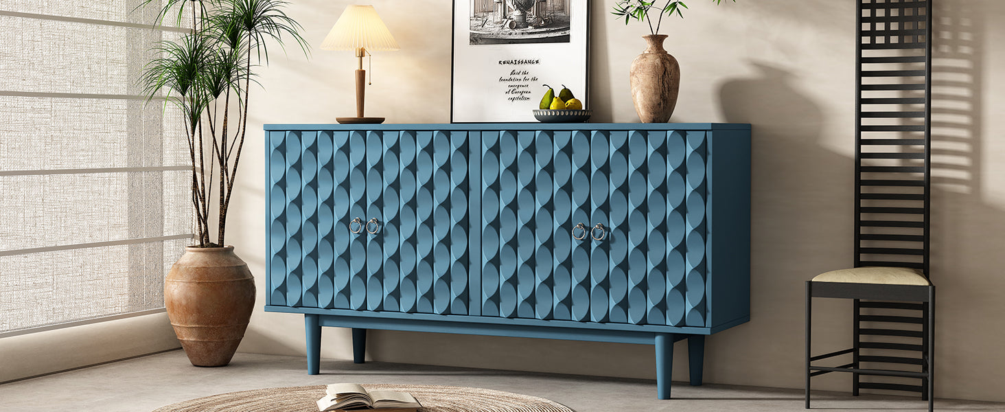 Modern 4 Door Sideboard With Convex Pattern Doors And 2 Silver Handle For Living Room, Dining Room, Kitchen Navy Navy Mdf