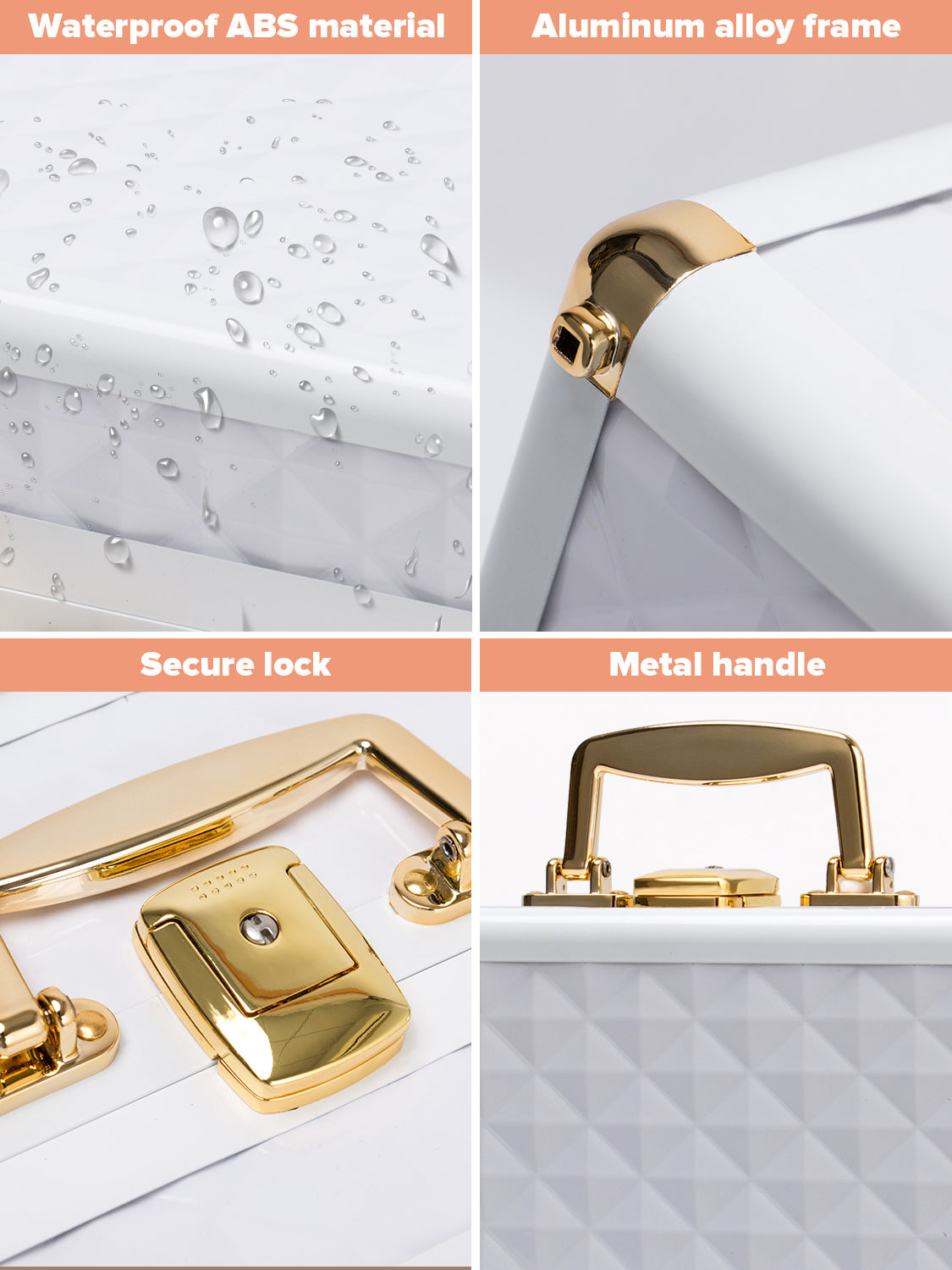 Portable Makeup Case With Led Mirror Travel Makeup Bag Cosmetic Organizer Box With Locks, Brush Holder, Dividers, Rechargeable, White White Aluminium Alloy