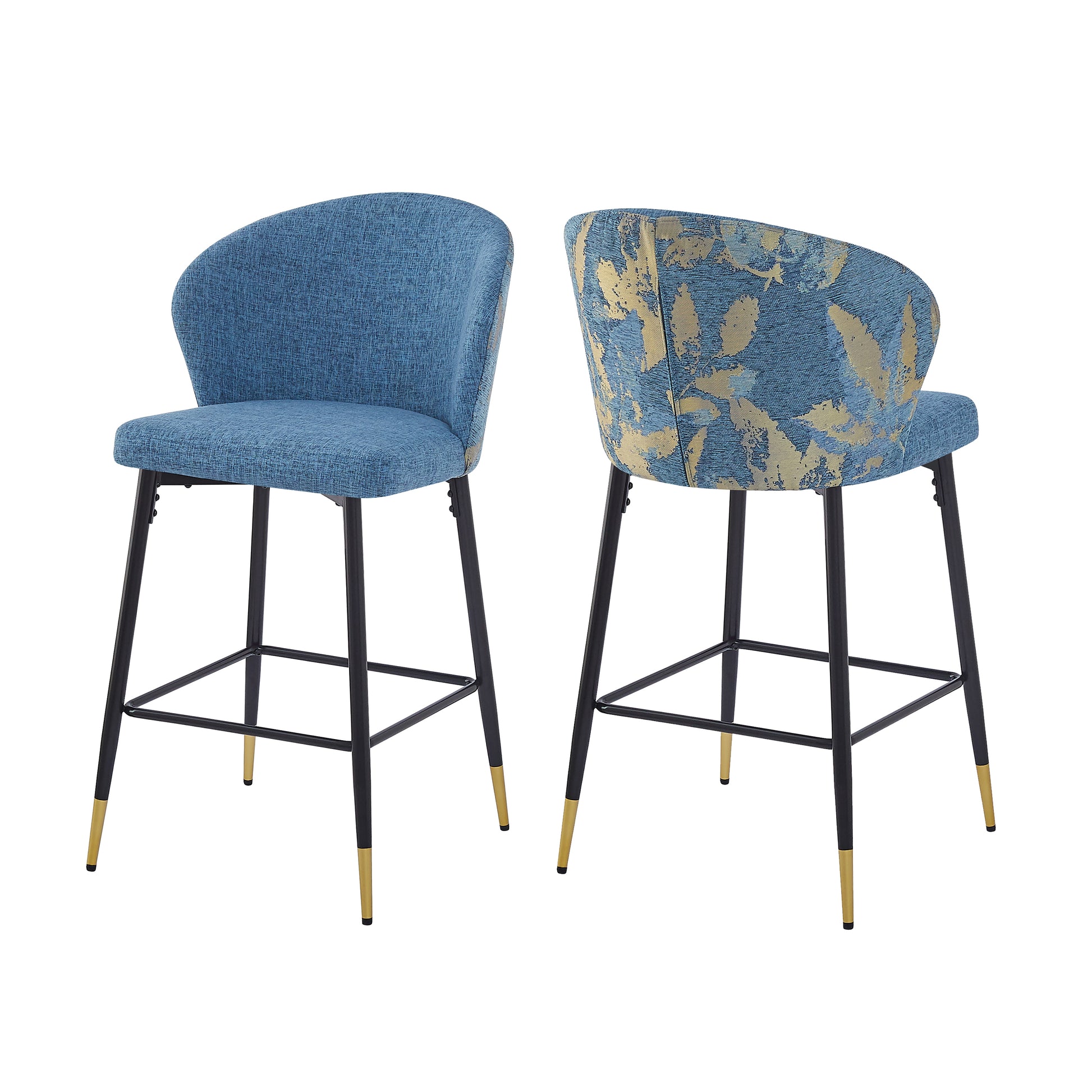 Counter Height Bar Stools Set Of 2, Jacquard Upholstered Bar Chairs, Metal Footrest And Frame For Kitchen,Dining Room,28"H Seat Heightblue Floral Blue Kitchen Powder Coated Foam Spot Clean Square