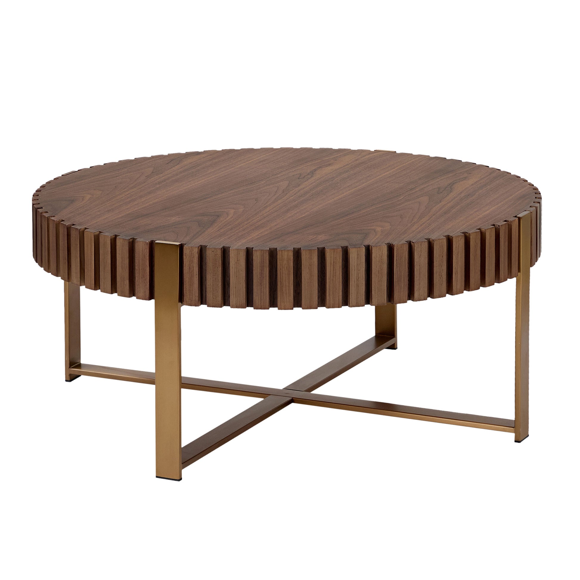 Modern Handcraft Drum Coffee Table 31.5 Inch Round Coffee Table For Living Room,Small Coffee Table With Sturdy Pedestal,Walnut Walnut Mdf Metal