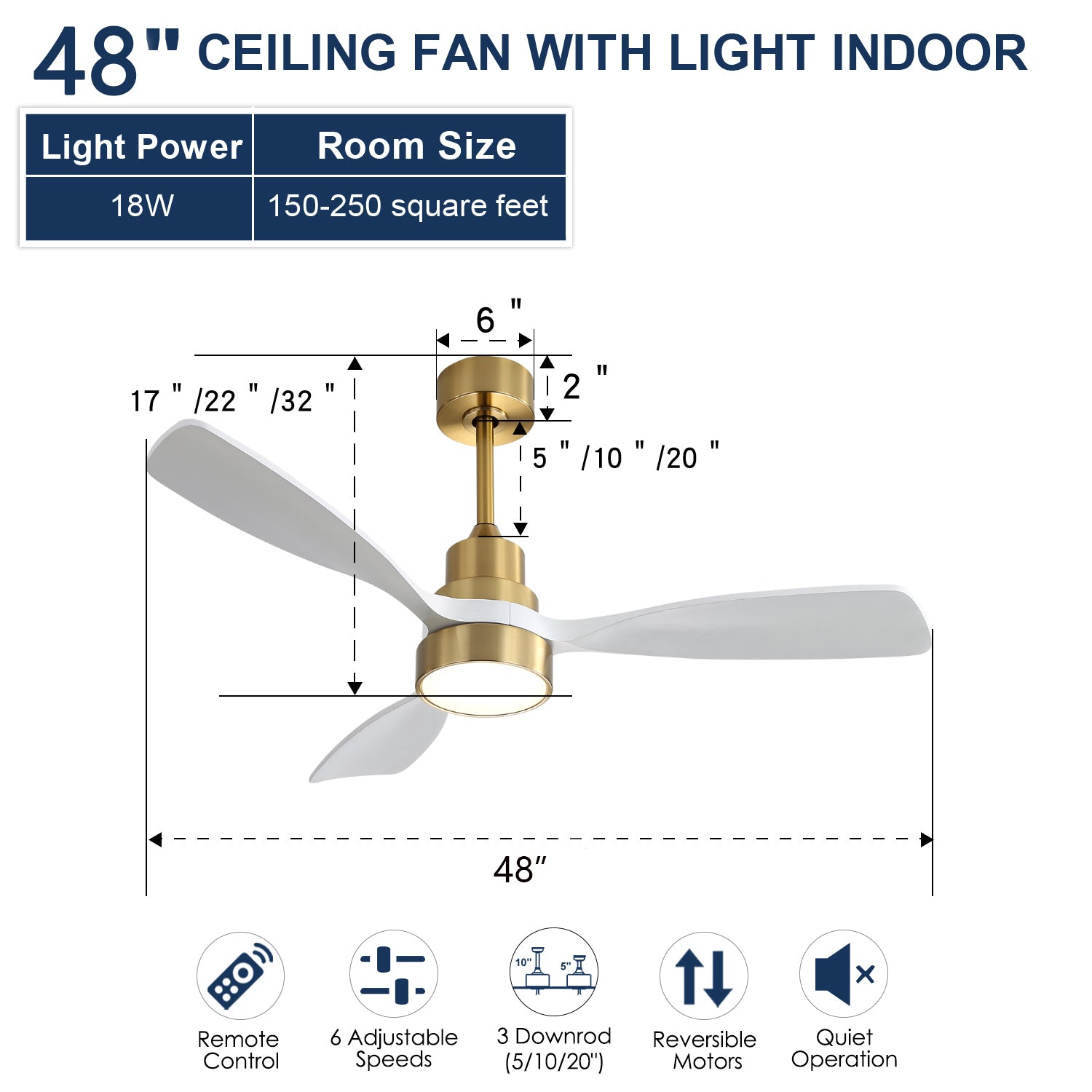 48 Inch Wood With 3 Solid Wood Blades Remote Control Reversible Dc Motor For Living Room Gold Metal & Wood