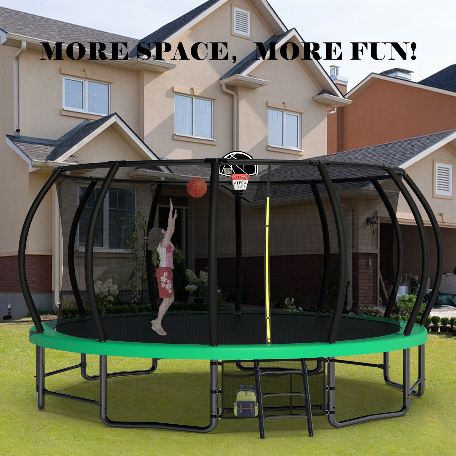 16Ft Outdoor Trampoline For Kids And Adults, Pumpkin Trampolines With Curved Poles,Heavy Duty Trampoline Anti Rust Coating Astm Approval Green Steel