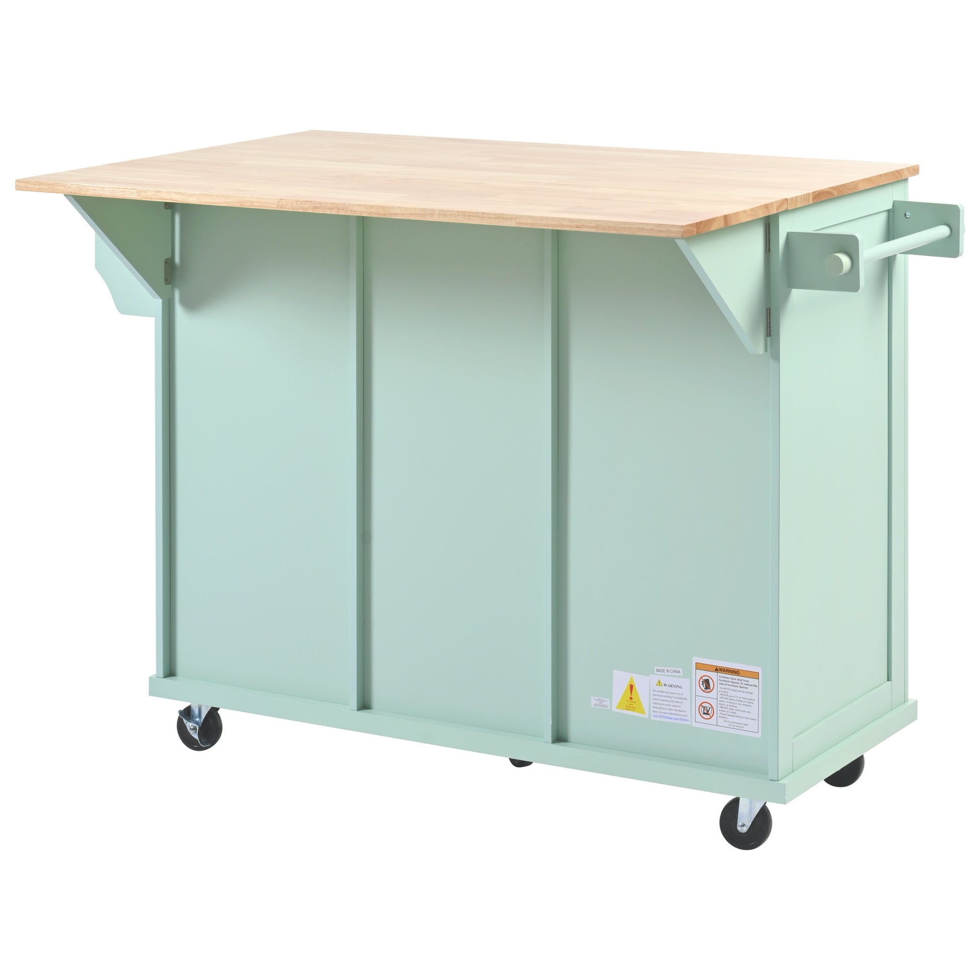 Kitchen Cart With Rubber Wood Drop Leaf Countertop ,Cabinet Door Internal Storage Racks,Kitchen Island On 5 Wheels With Storage Cabinet And 3 Drawers For Dinning Room, Mint Green Mint Green Kitchen American Design,American Traditional,Antique Rectangular