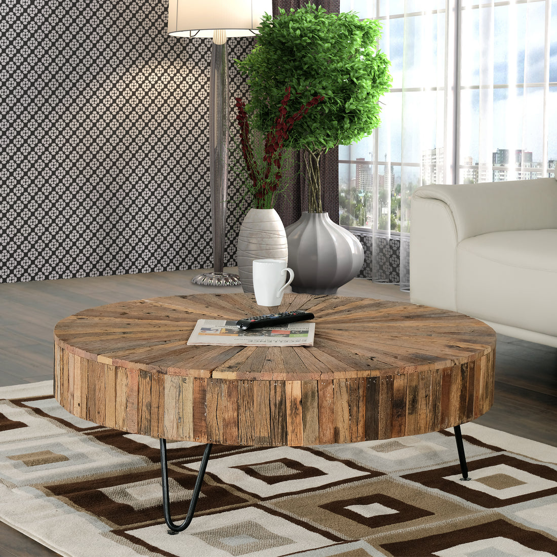 42 In. Round Handcrafted Reclaimed Wood Coffee Table, Modern Living Room Sofa Table With Metal Legs, Brown Black Black Brown Brown Primary Living Space Modern Coffee & End Tables Round Wood Metal