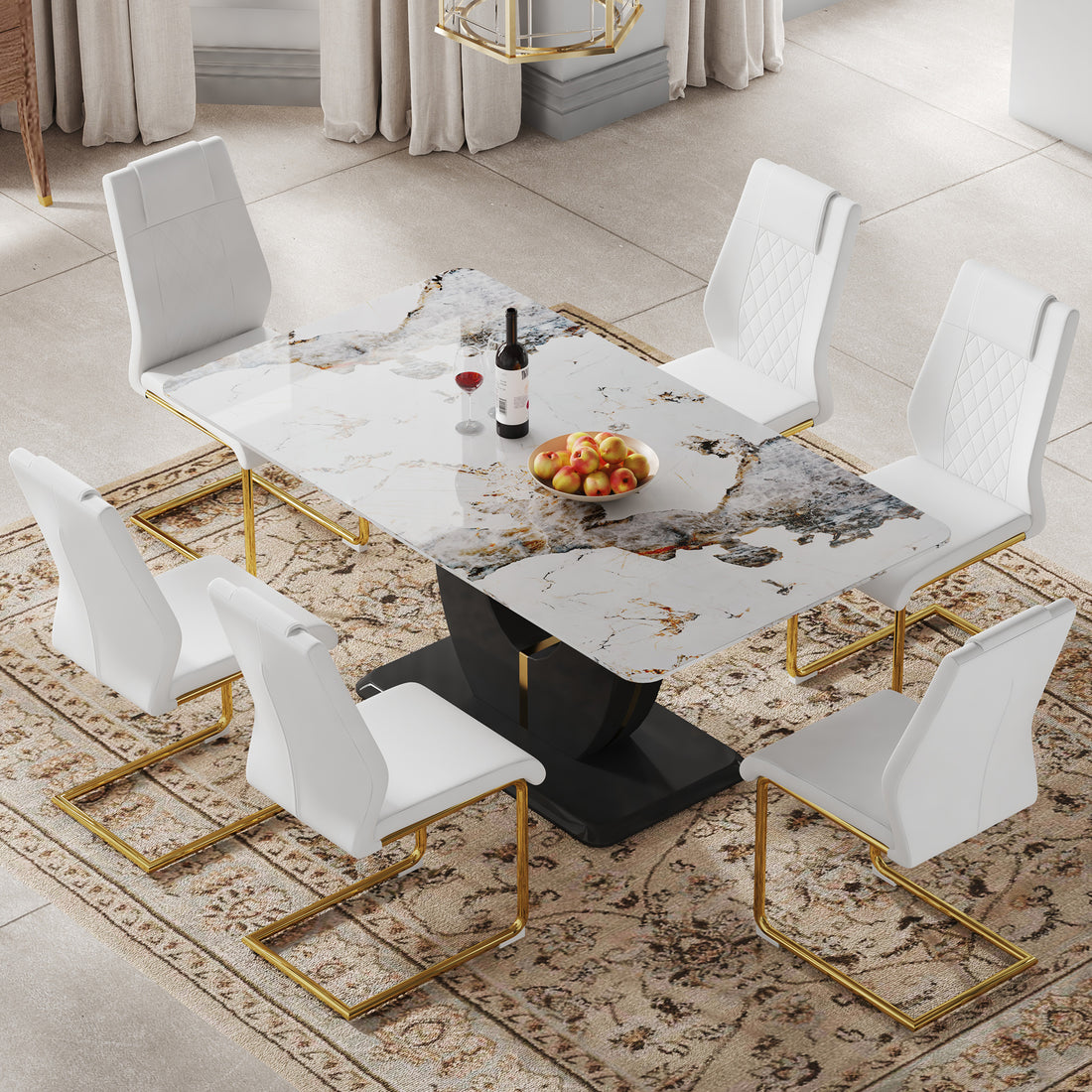 Table And Chair Set, Modern Dining Table, Patterned Table Top And Black Mdf Table Leg, Soft And Comfortable Dining Chair, Perfect For Dinner, Meetings, Home And Office Decor White Black Mdf Glass