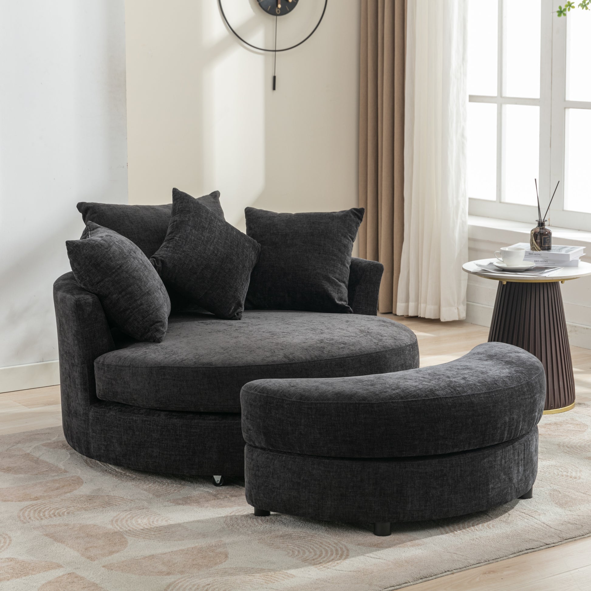 Orisfur. 360 Swivel Accent Barrel Chair With Storage Ottoman & 4 Pillows, Modern Chenille Leisure Chair Round Accent For Living Room, Gray Gray Foam Chenille